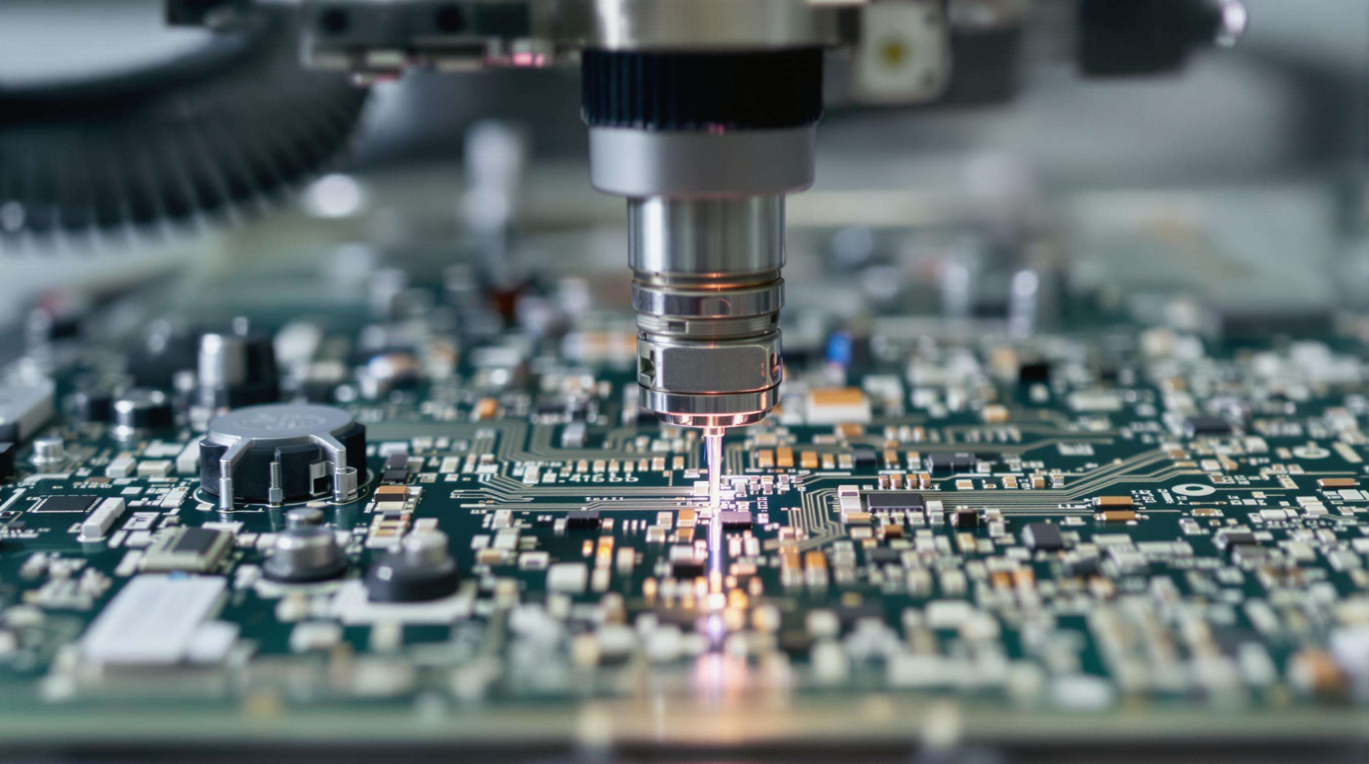 Close-up of an automatic wire soldering machine applying solder to a PCB under controlled conditions