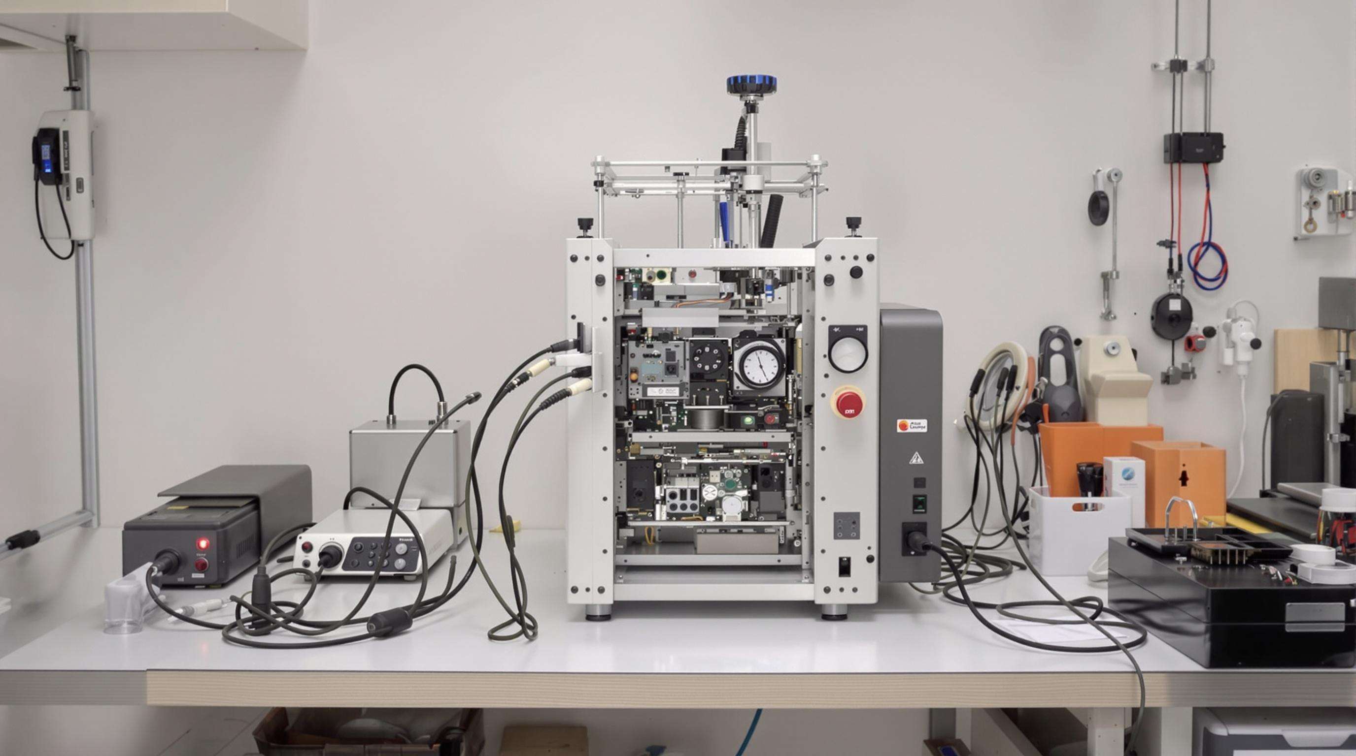 Photorealistic image of a compact automatic soldering machine with modular parts and cable organizers on a benchtop in a tidy small workshop