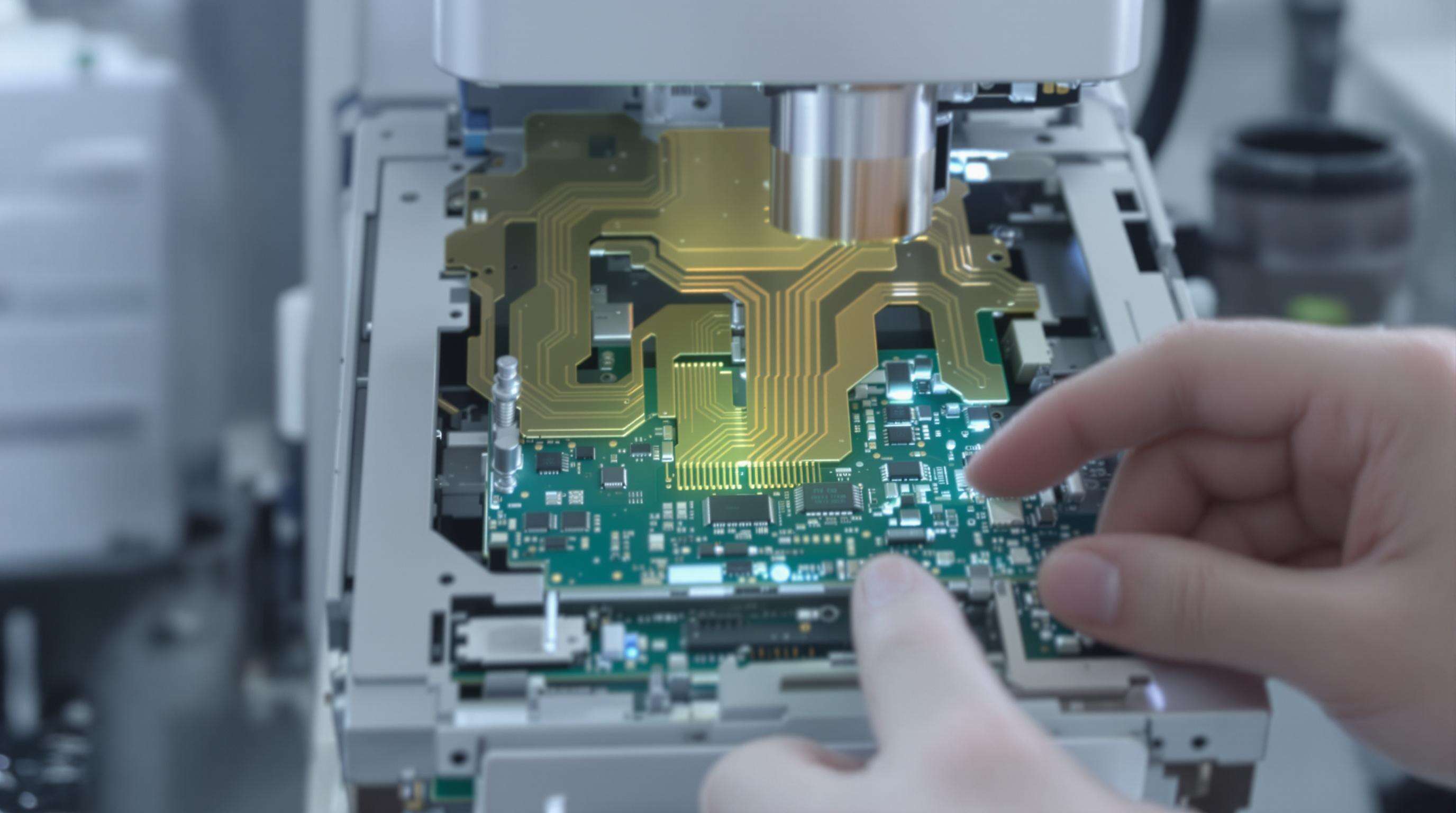 Photorealistic close-up of the inside of a compact soldering system with microprocessors and sensors, being adjusted by an engineer in a lab