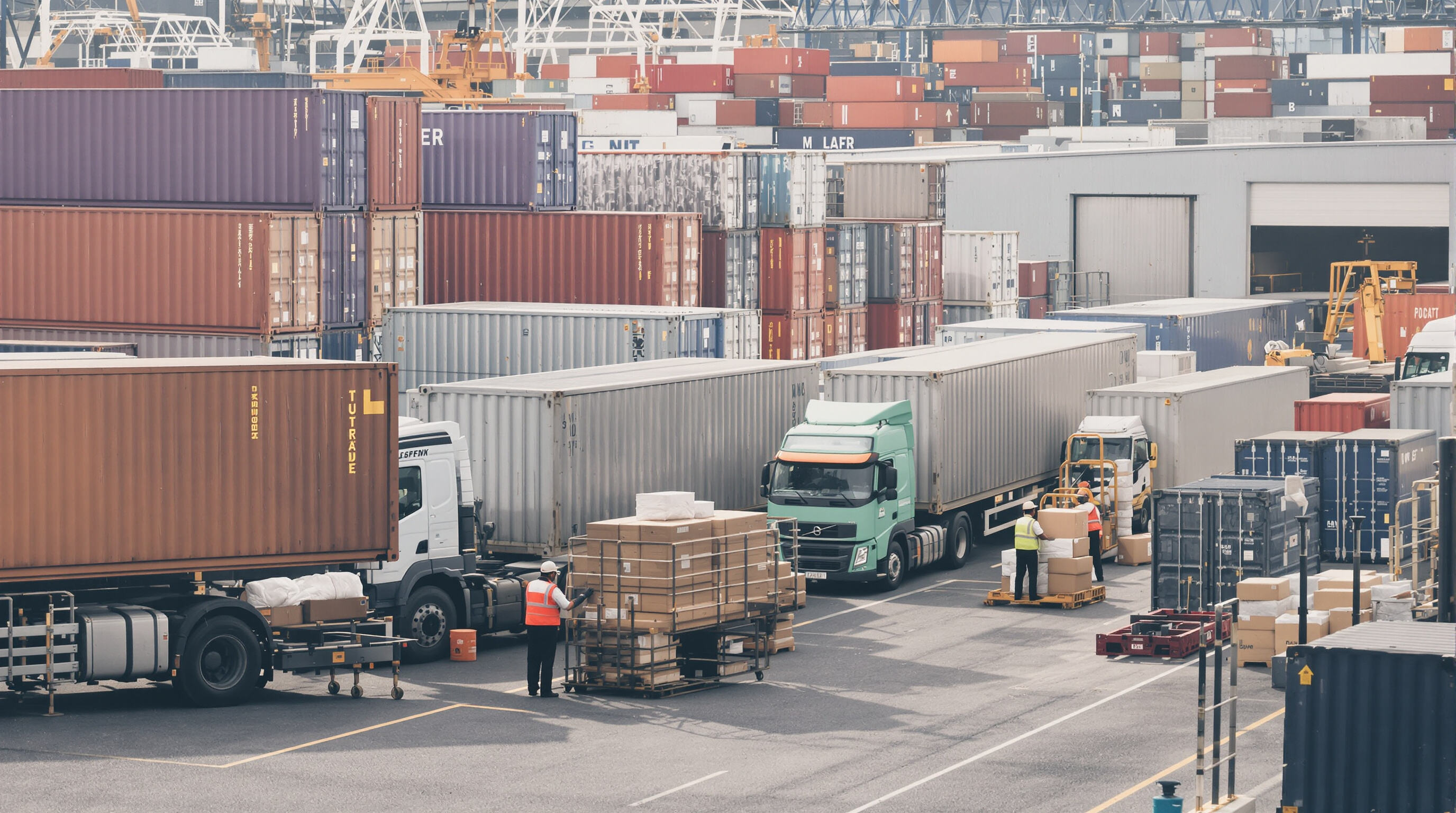 International shipping yard showing freight staff managing containers, packing, and documentation