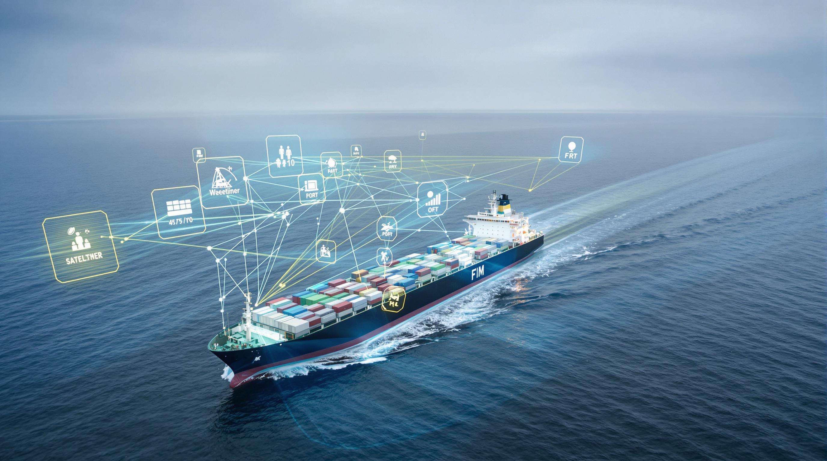 Aerial view of a cargo ship with digital weather and route data projected, illustrating predictive analytics in maritime route planning