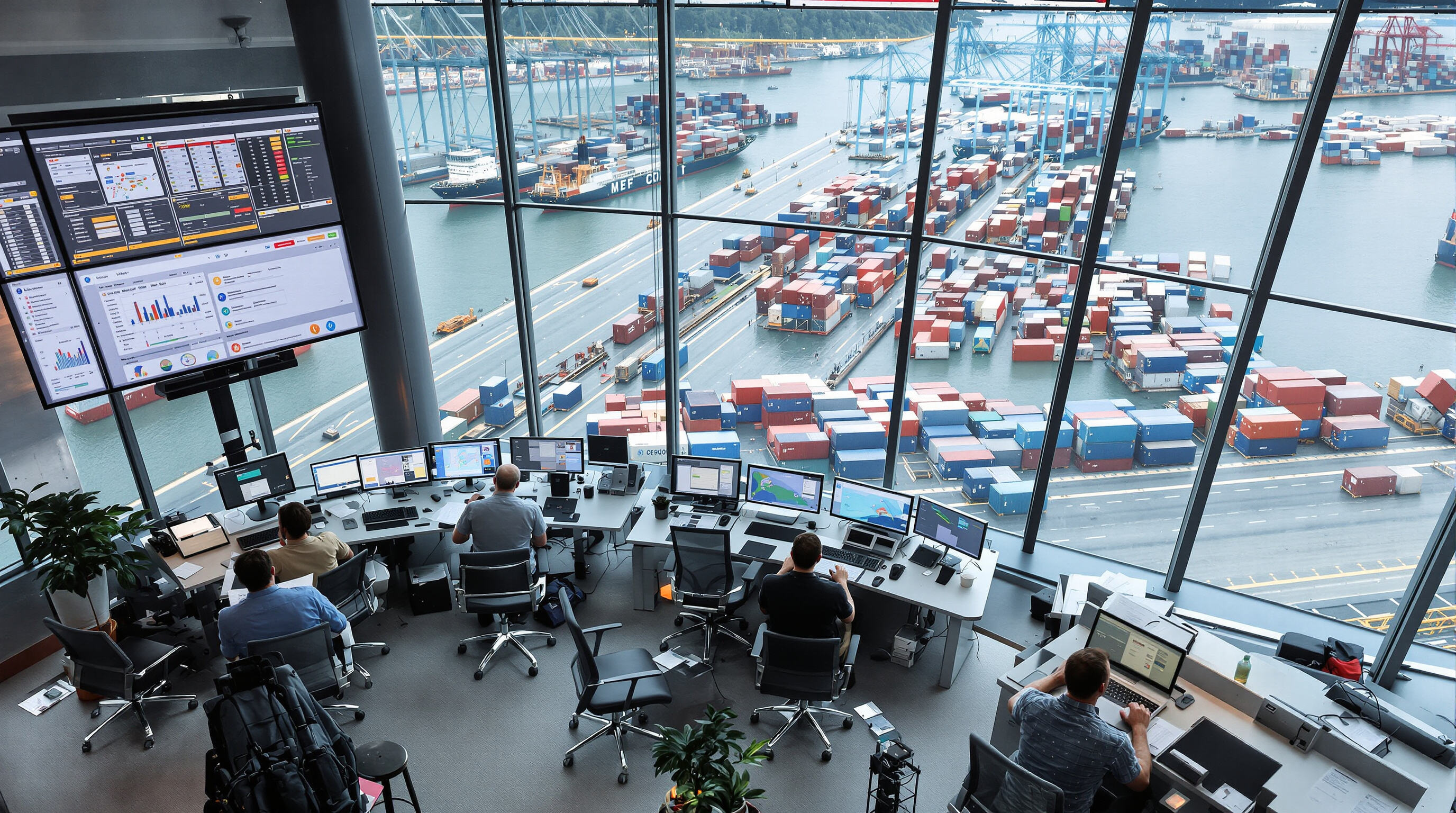 Freight forwarder operations room with planners, monitors, and view of shipments at a port