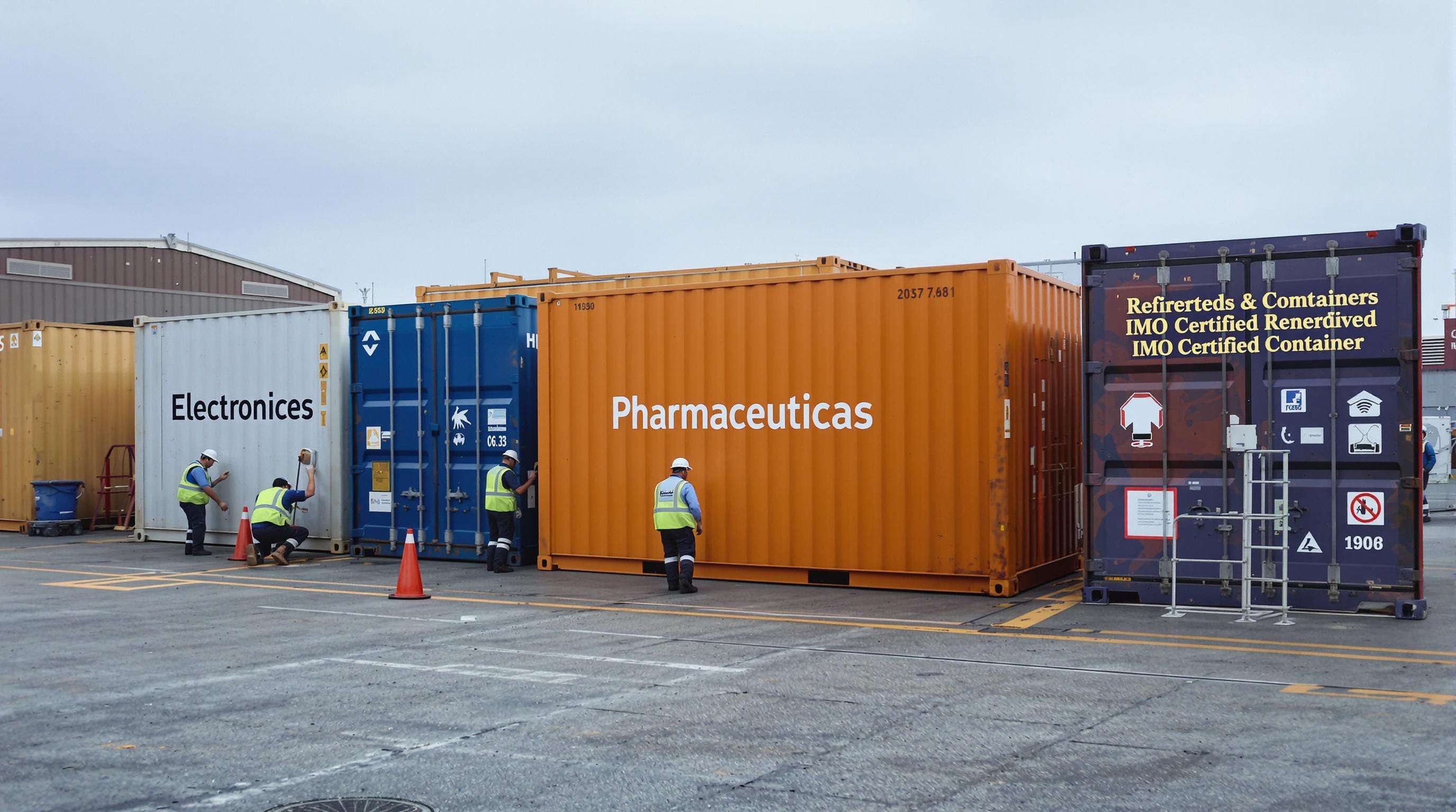 A realistic photo of various specialized shipping containers arranged on a dock, showing reefer, dry, and reinforced types with workers inspecting them, under muted lighting.