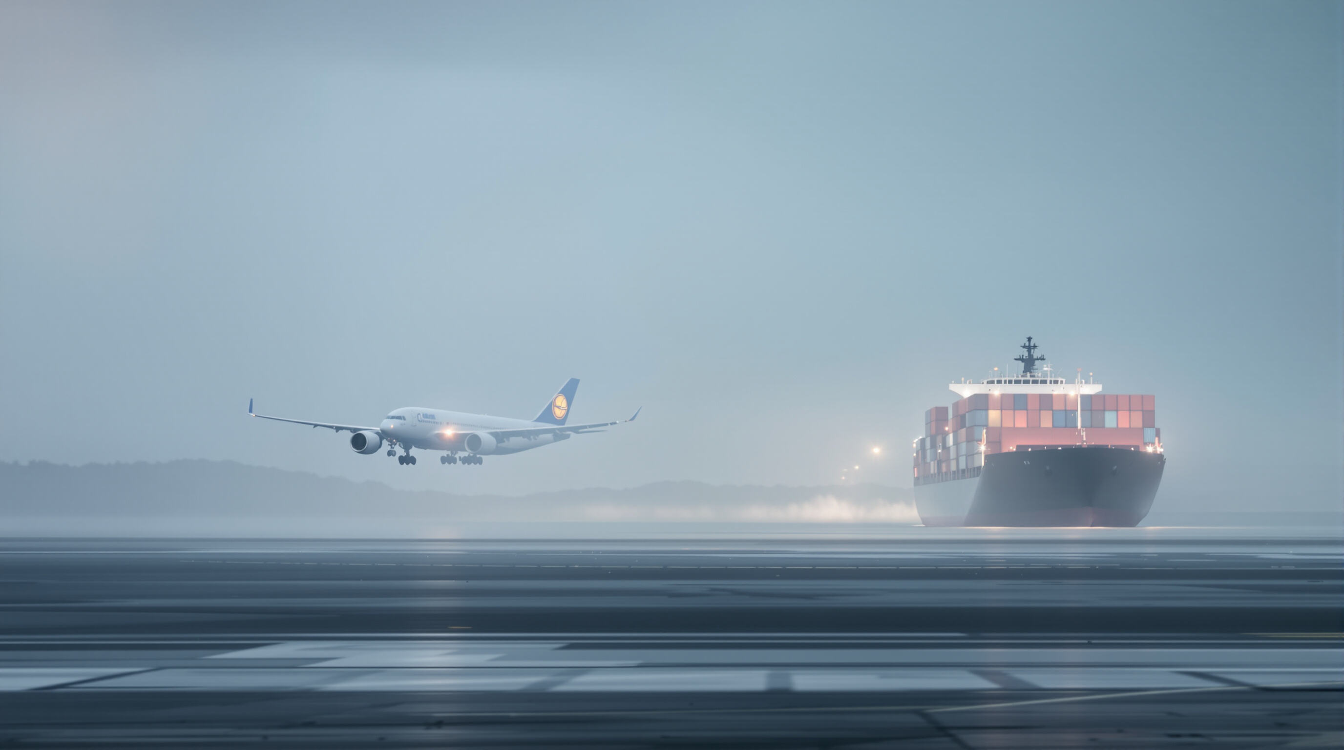Visual comparison of fast air cargo transport and slower ocean shipping depicting urgency and speed differences.