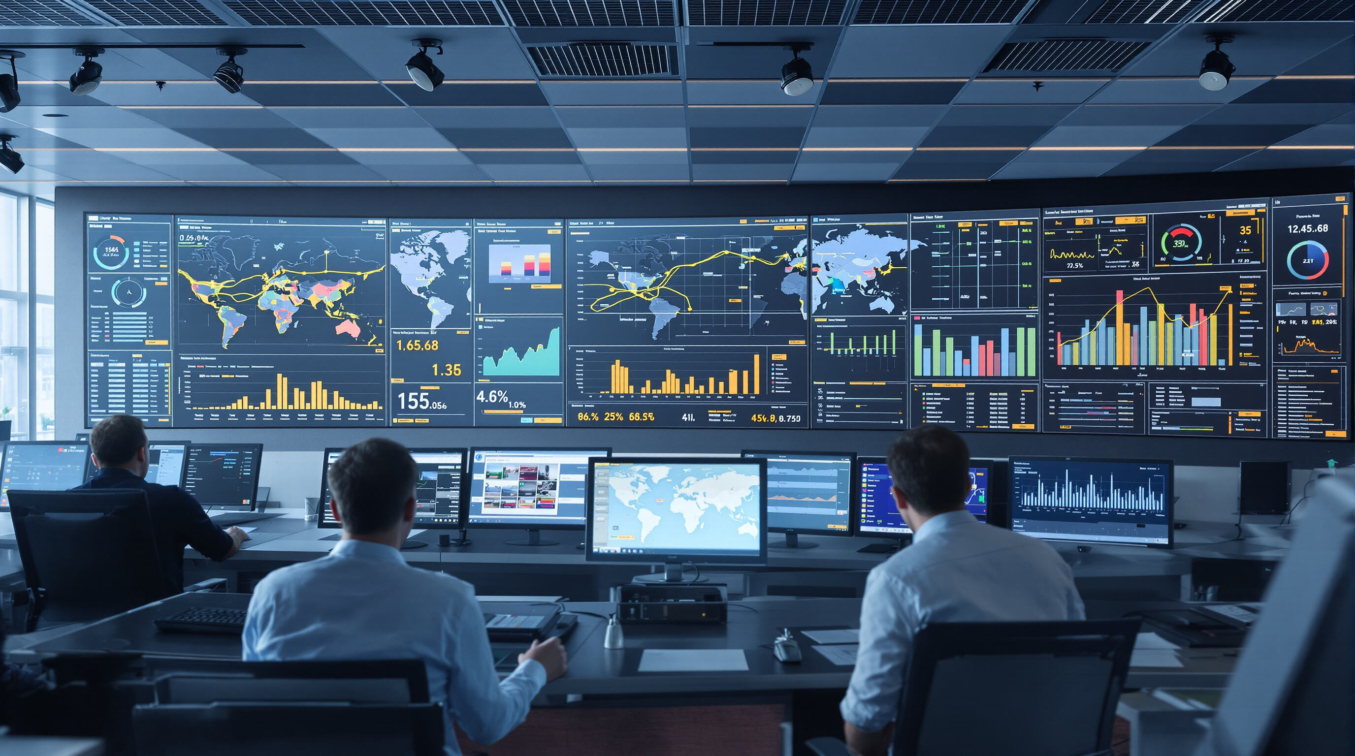 Logistics control room with staff tracking shipments on digital screens displaying data and maps