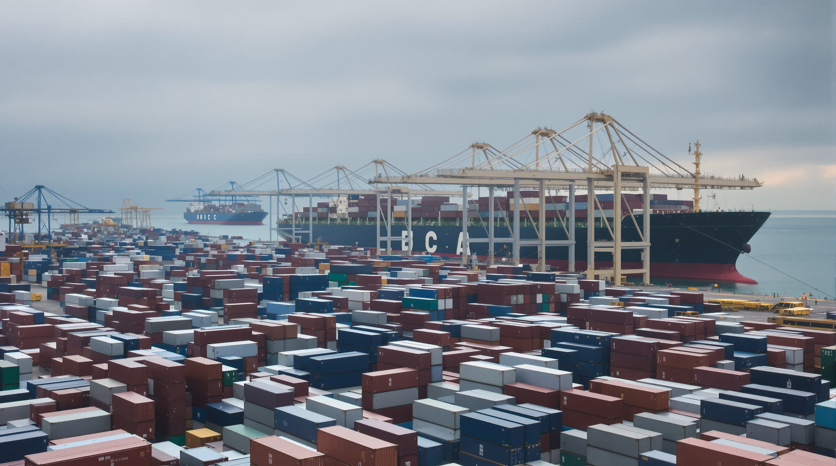 Busy international shipping port with cargo containers, ships, and logistics workers