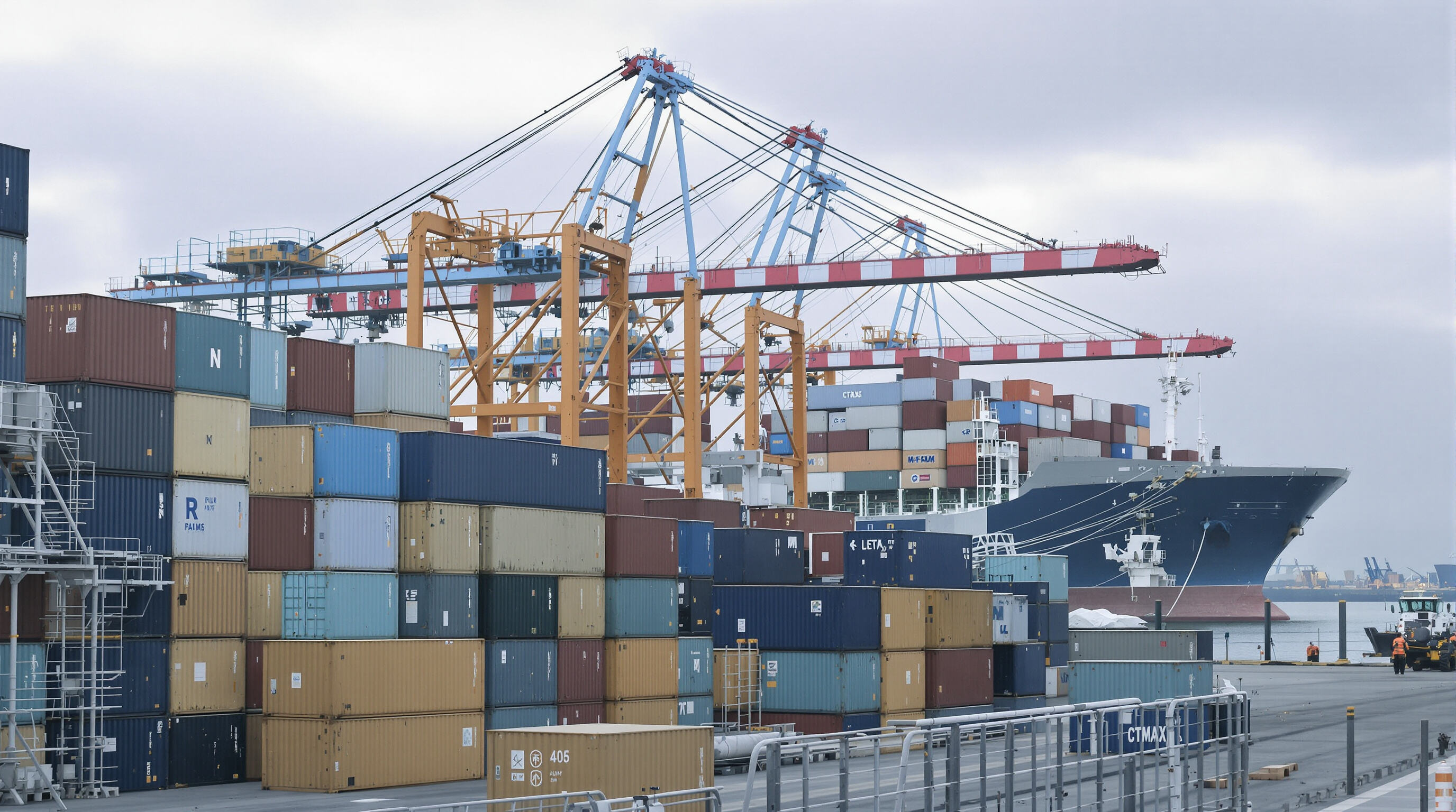 Cargo containers and a container ship at an international port during loading operations