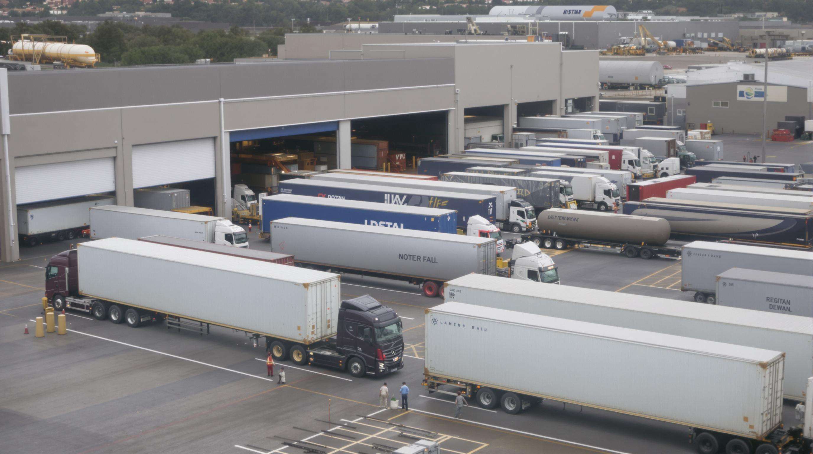 Intermodal containers being loaded onto trucks and trains at a logistics warehouse
