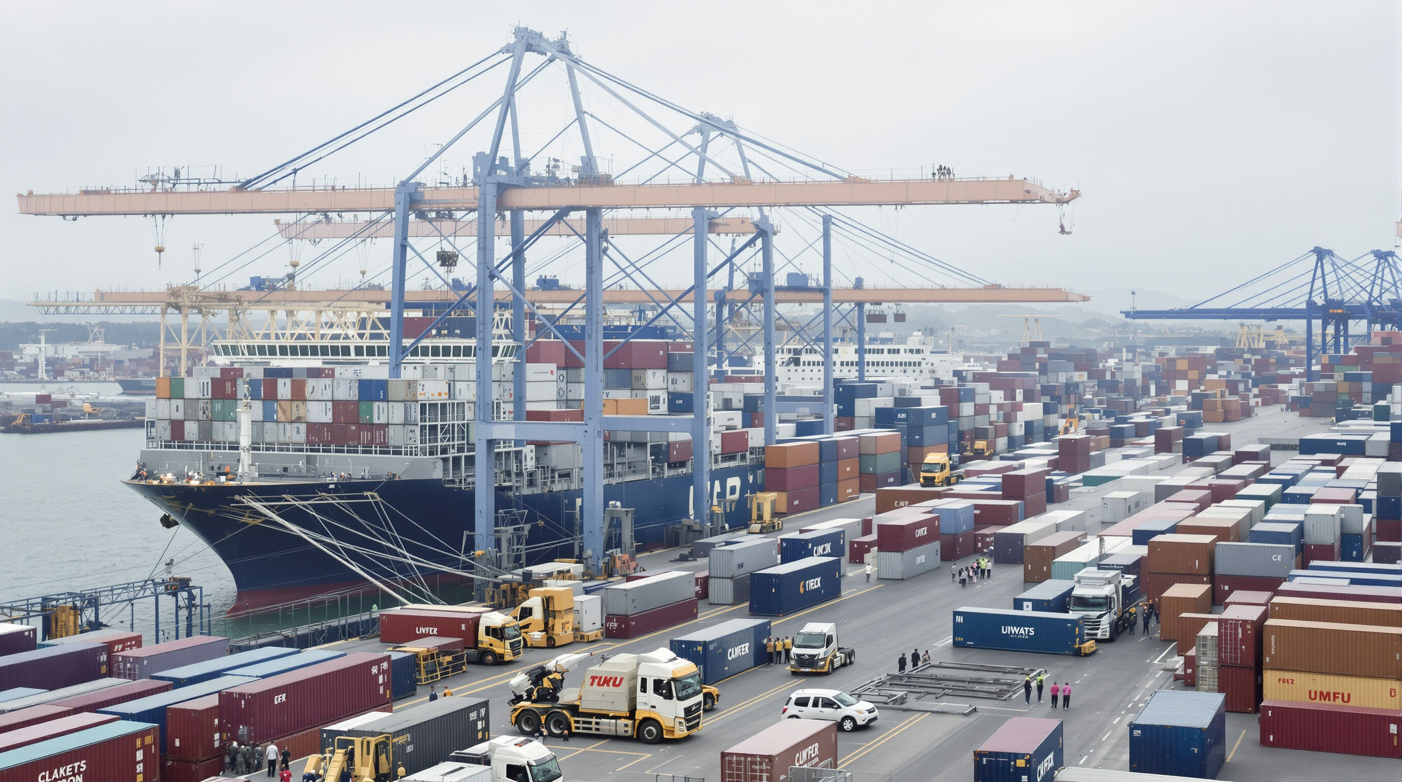 Logistics professionals managing cargo containers being loaded onto ships, trucks, and trains at an international port