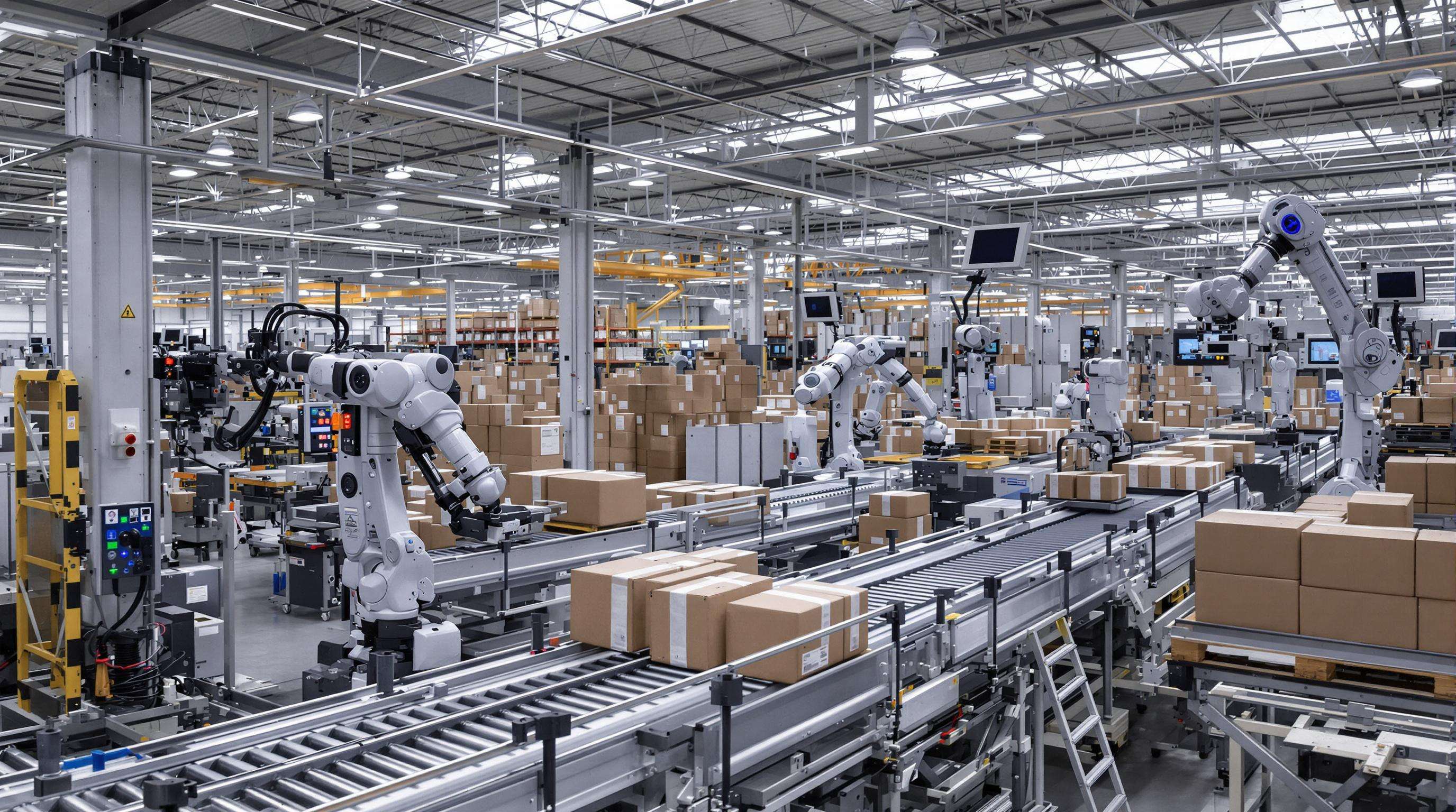 Automated warehouse with robots, conveyor belts, and digital monitoring displays