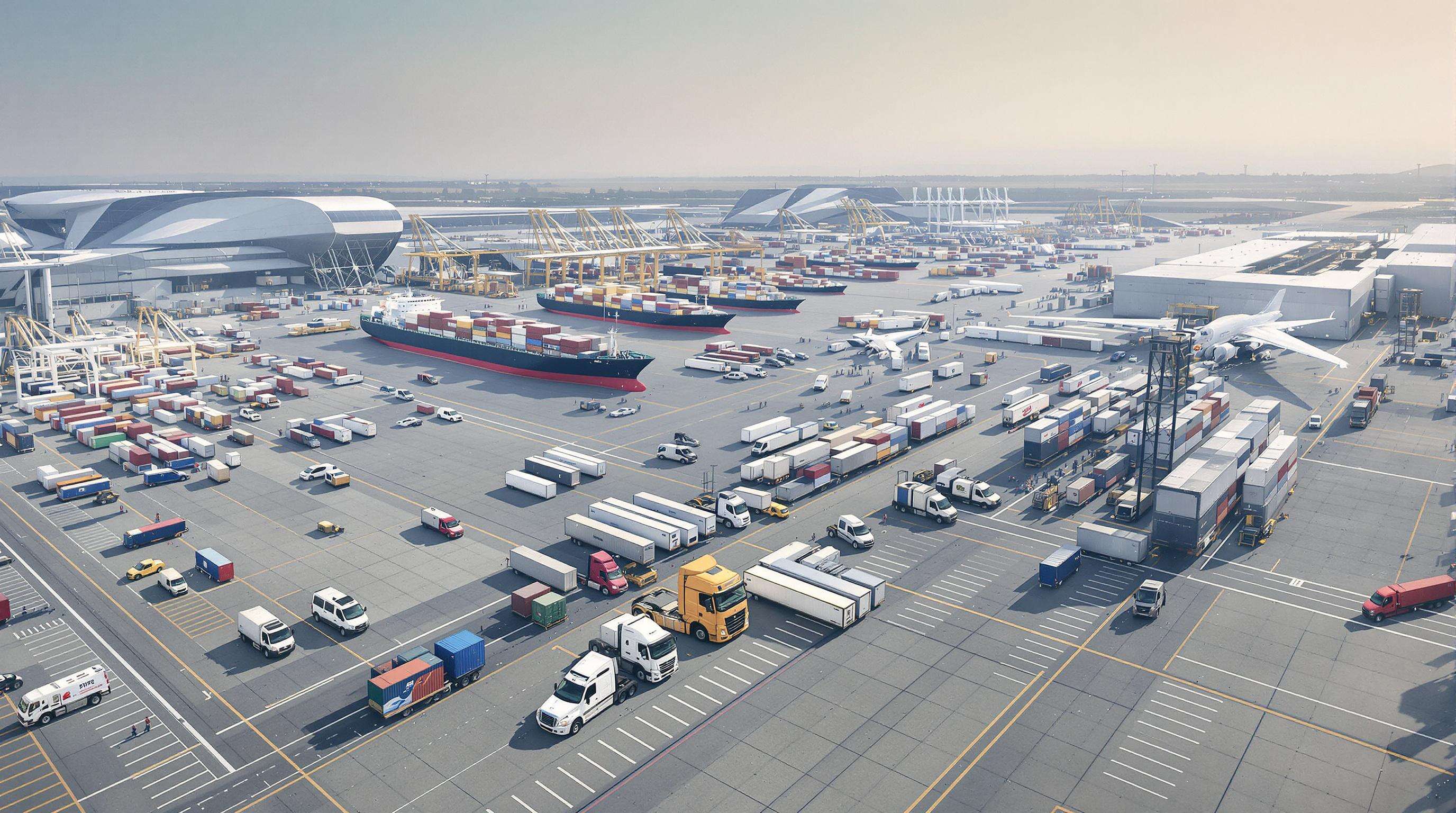 Multimodal transport hub with trucks, trains, ships, and airplane meeting at a single terminal