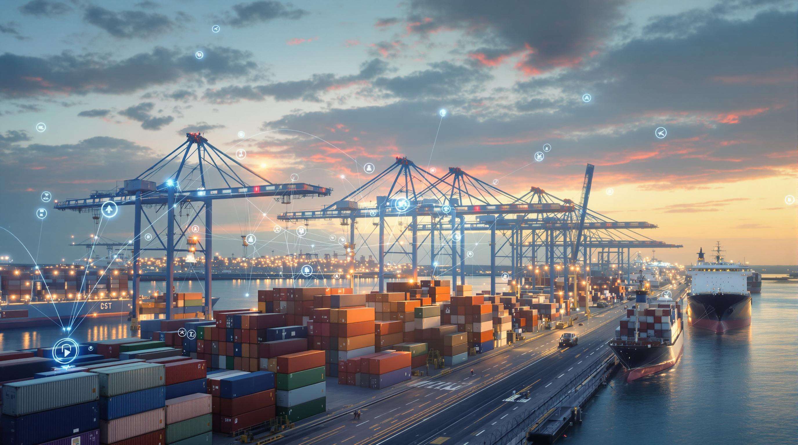 Modern seaport scene with digital effects illustrating AI, IoT sensors, and blockchain in maritime logistics
