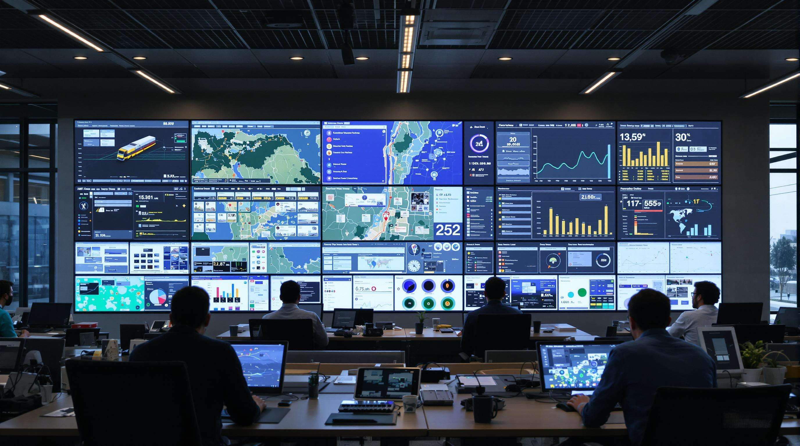 Logistics professionals monitoring real-time transport data in a control room