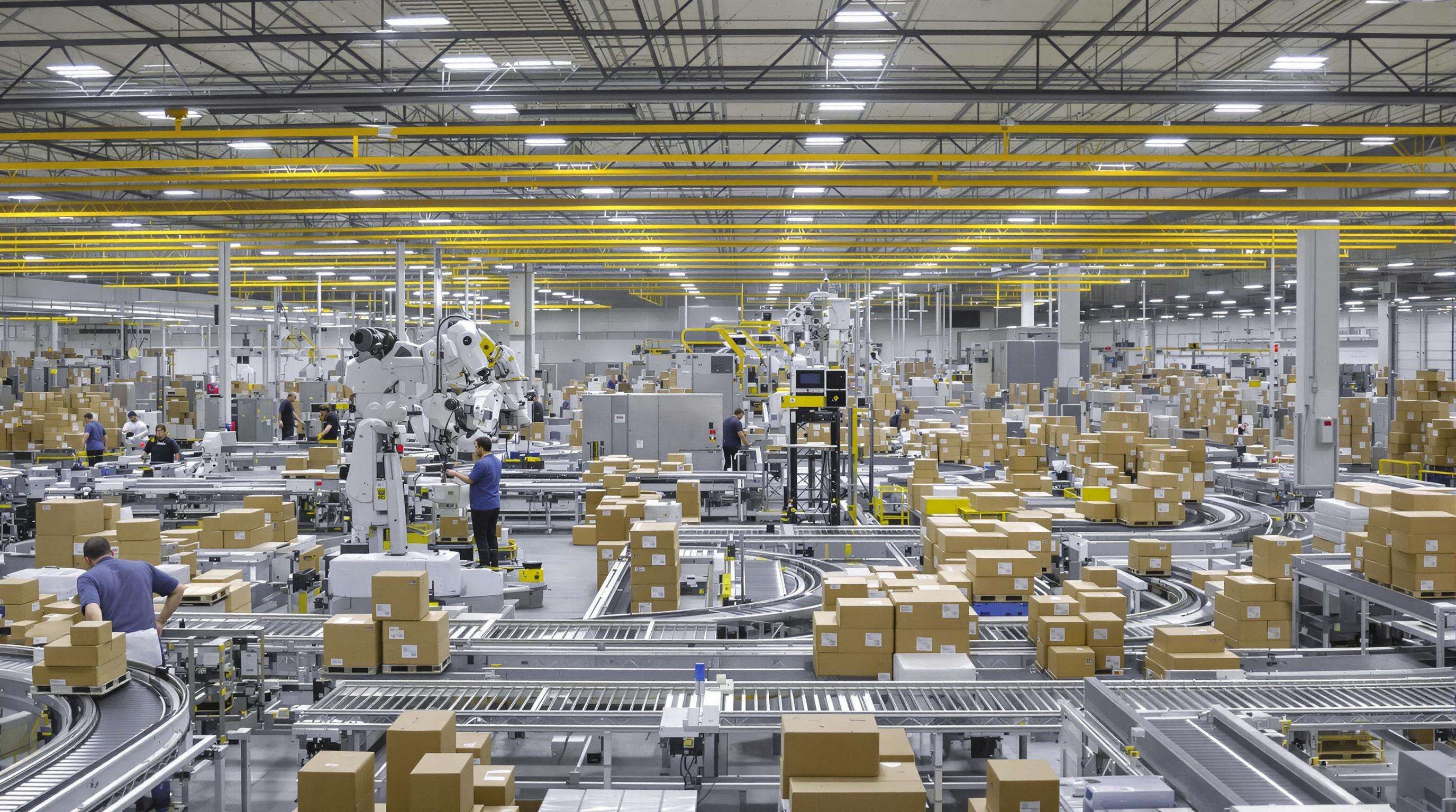 Automated 3PL warehouse with robots and workers handling packages on conveyor belts