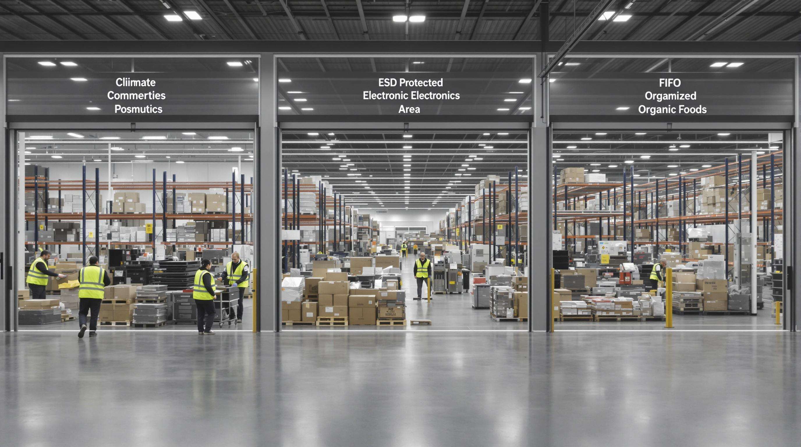 Modern e-commerce warehouse with distinct storage zones for cosmetics, electronics, and organic foods