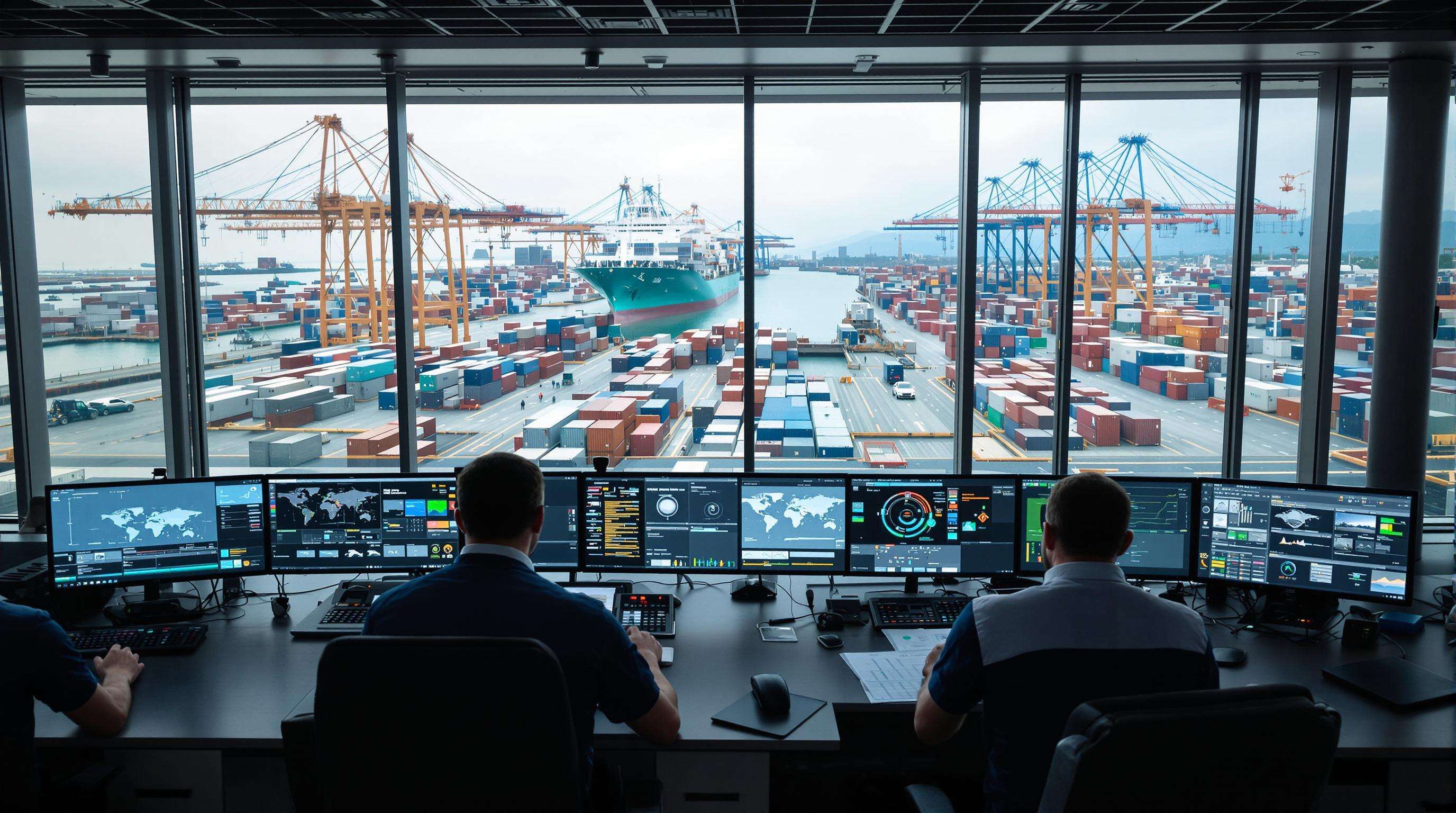 A photorealistic image of a shipping control room with staff monitoring large screens displaying diagrams, overlooking a busy port with digitalized container handling.