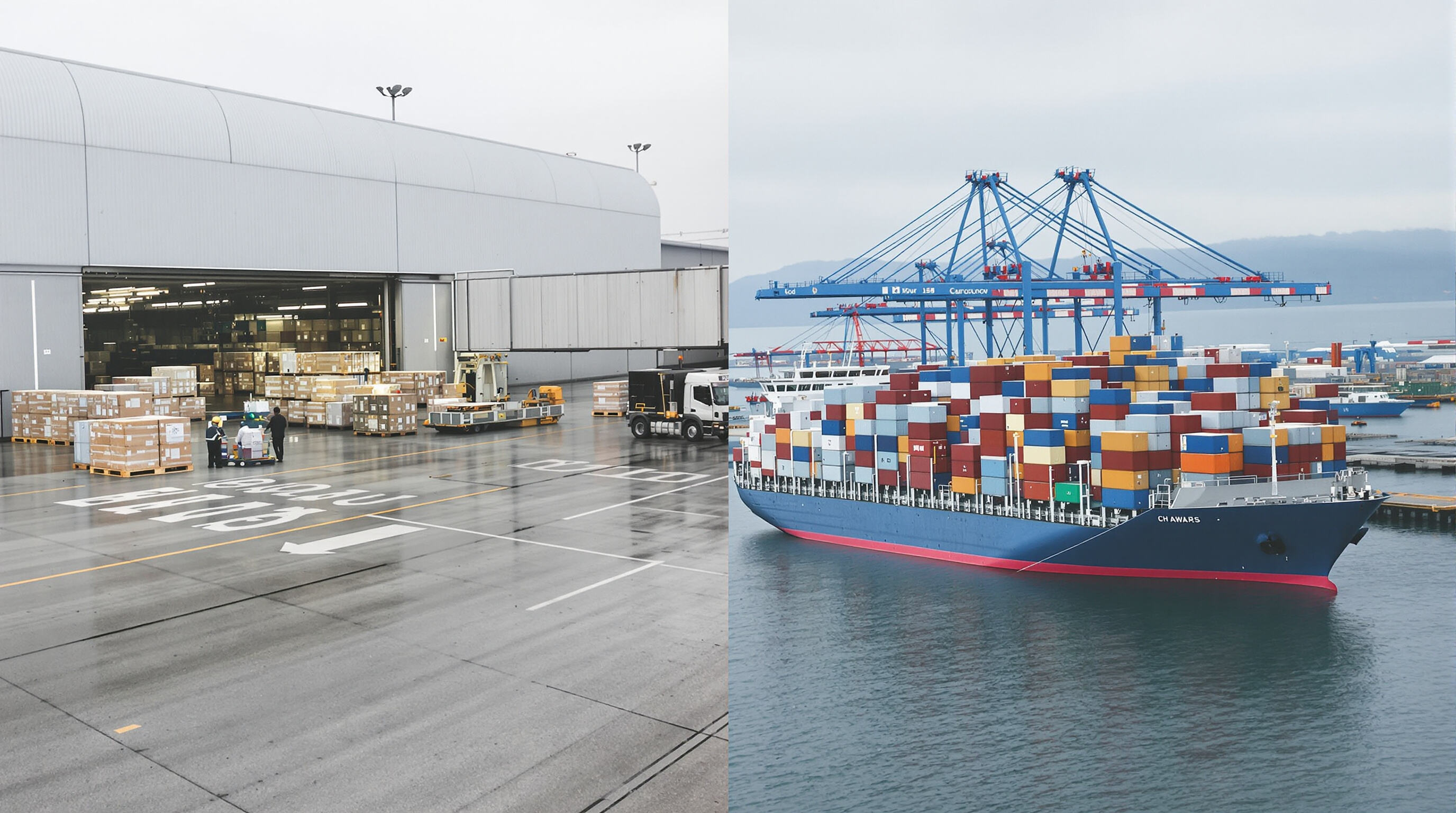 Comparison of air and ocean freight terminals highlighting differences in cargo handling environments.