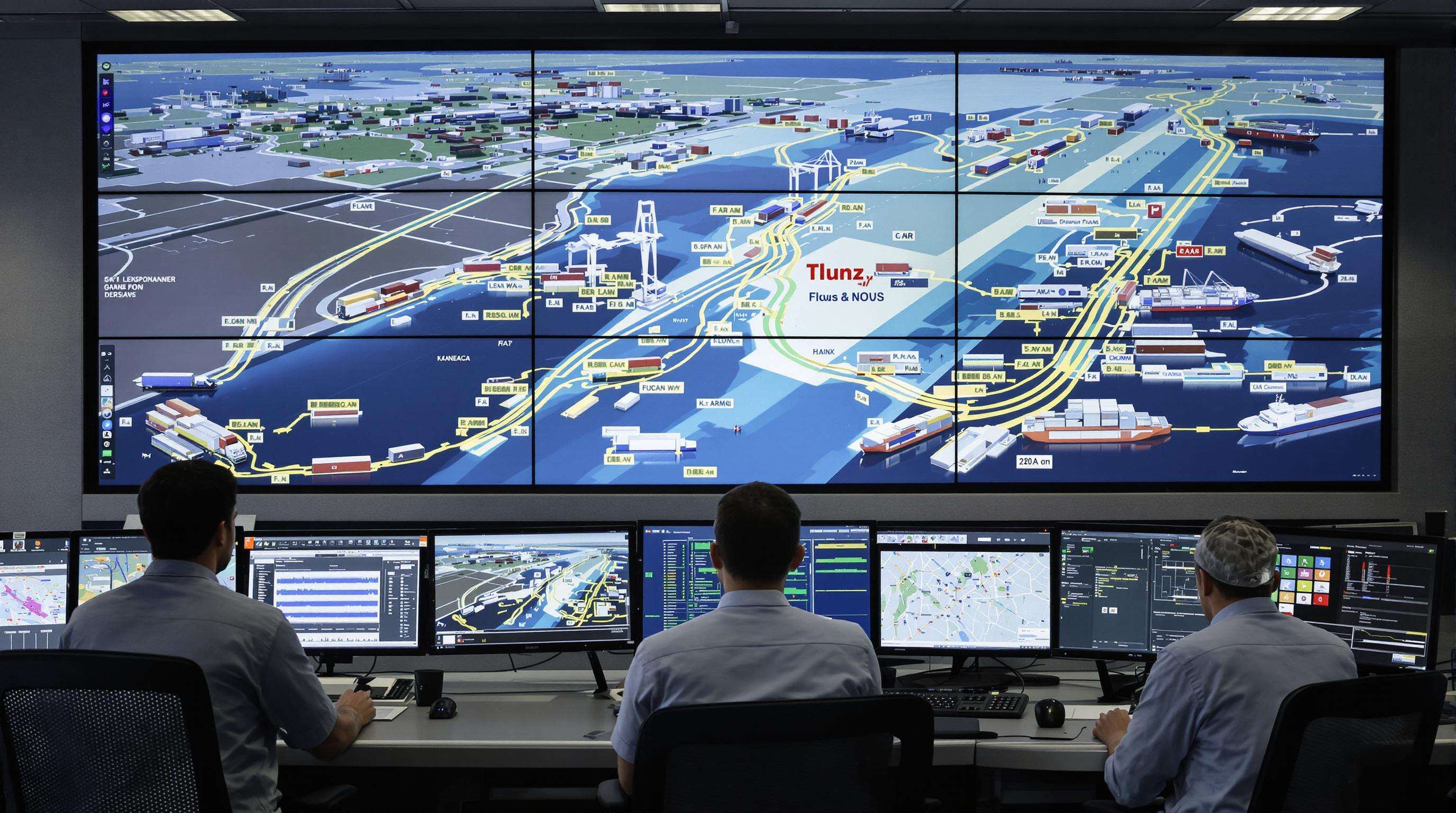 Logistics control room with staff tracking shipments across different transportation modes on large screens
