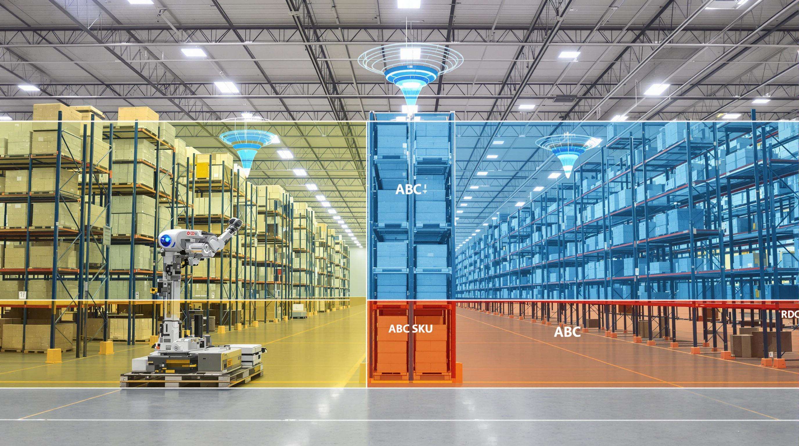Warehouse interior with zoned inventory racks, picking robot, and inventory sensors