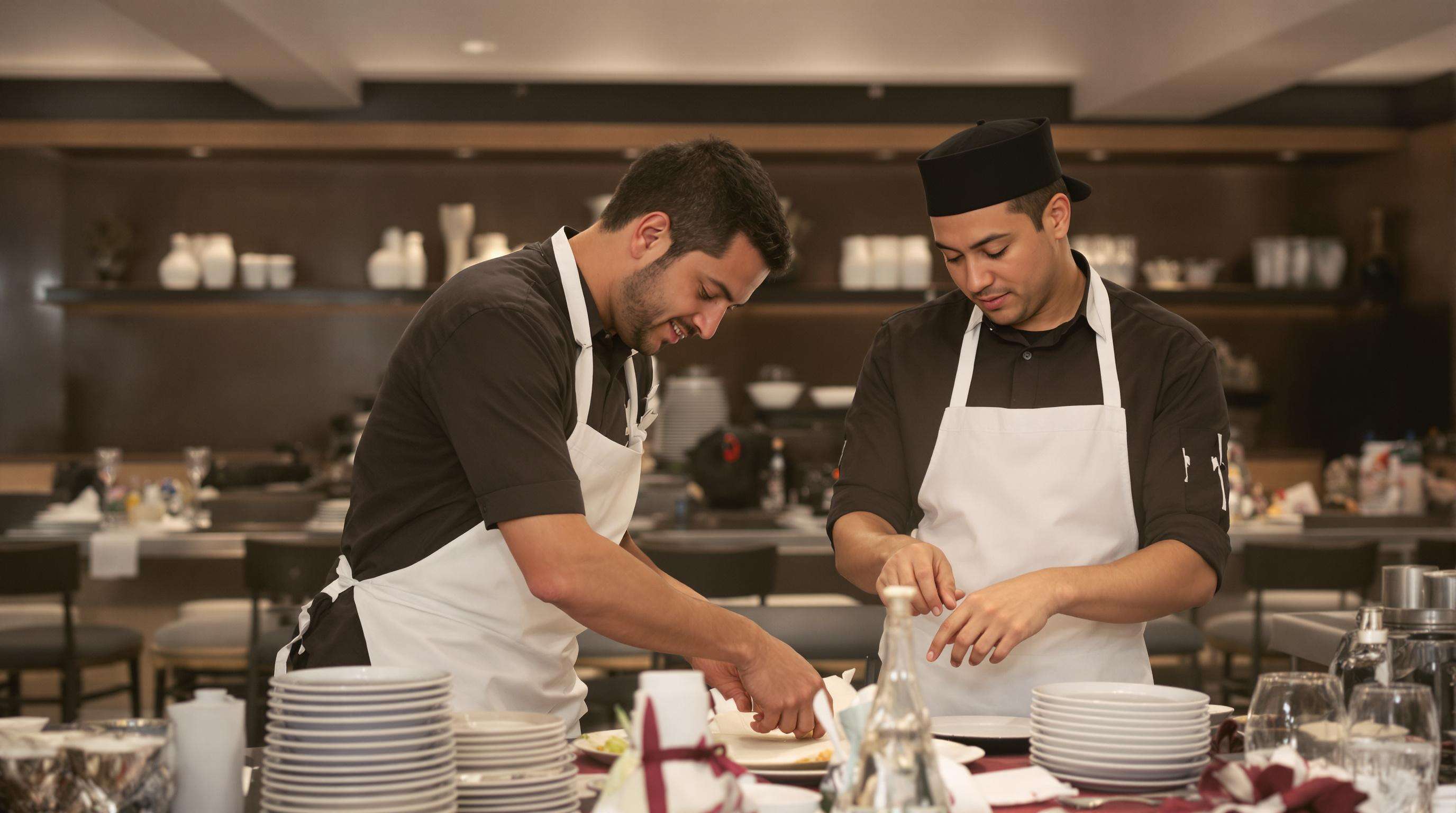 Two servers: one demonstrating easy movement, another tidying their apron in a restaurant