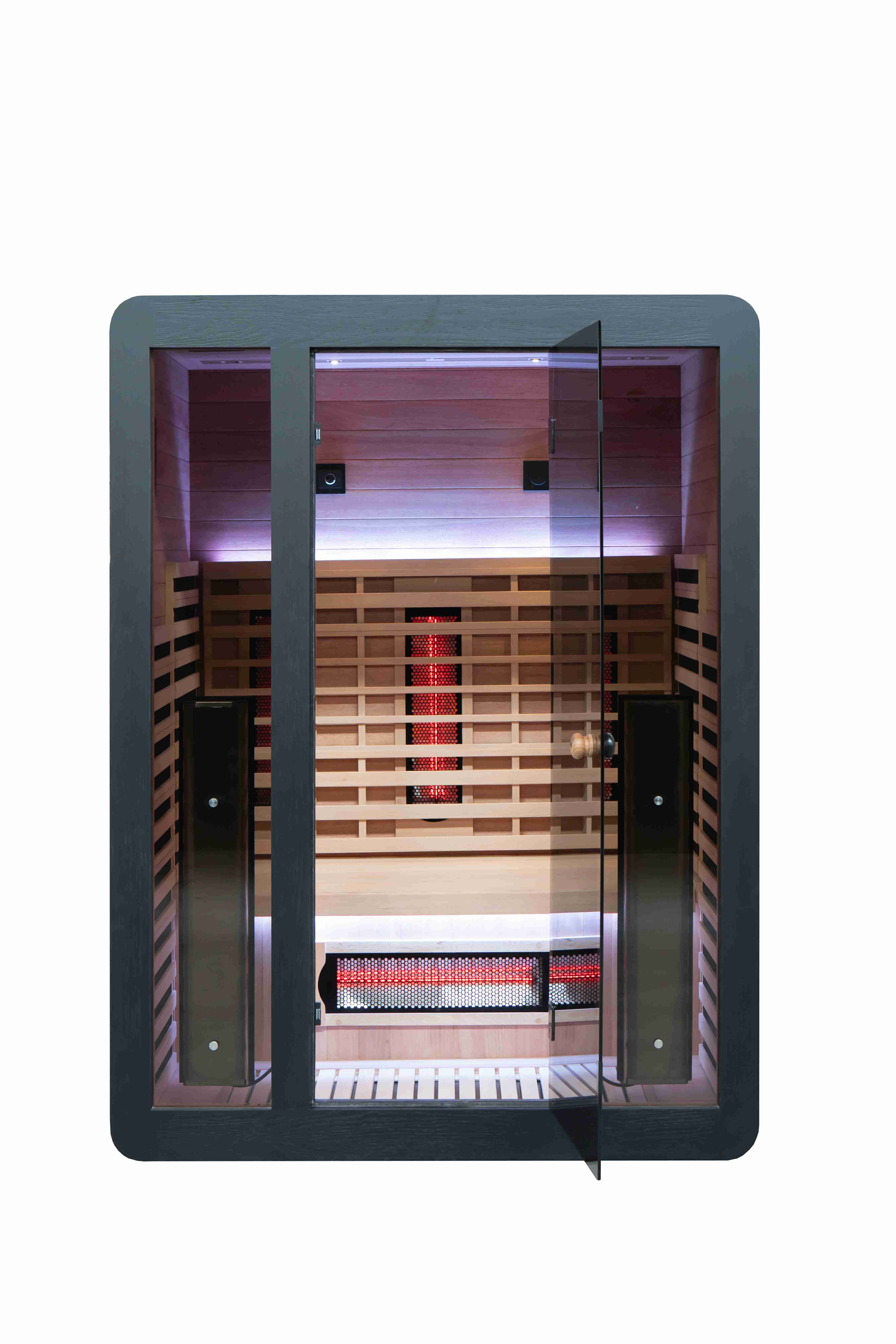 product black glass door full spectrum infrared sauna room 3 people with app smart controller childlock emergency assist button-6