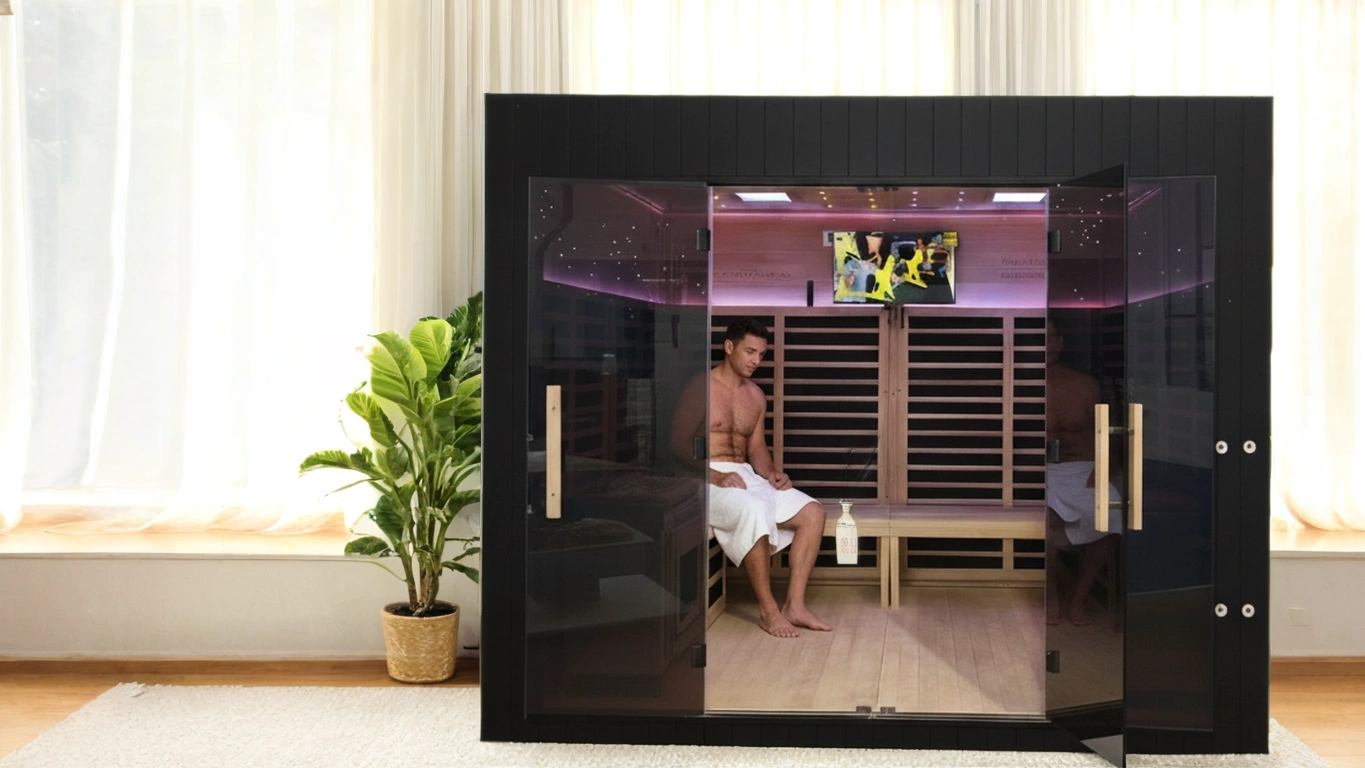 product saa fsc emc certified modern electric heating hemlock solid wood gym sauna outdoor room with fitness equipment oem custom-1