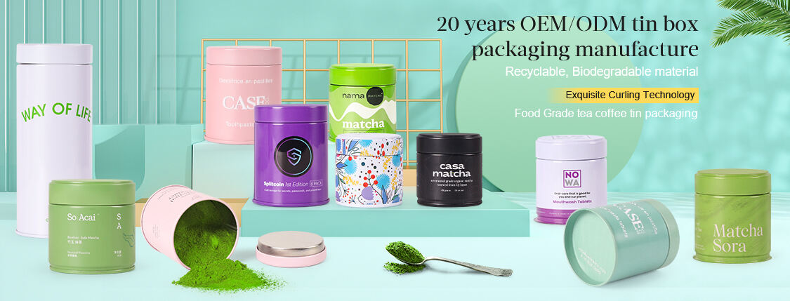 Hot sale metal packaging container food grade beautiful small eco friendly airtight empty matcha white round tea tin can boxes manufacture