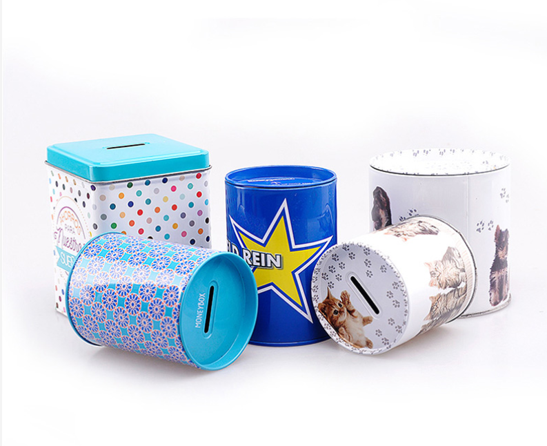 Custom novelty metal round tin can coin bank tin money saving box bank for kids supplier