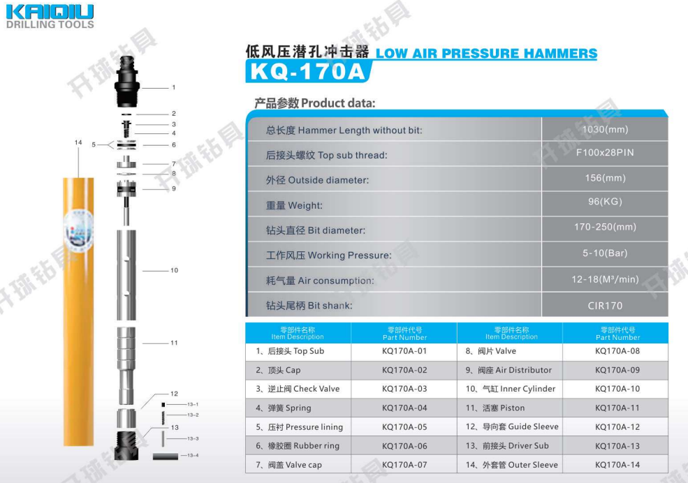 Customized High Quality KQ170A Low Air Pressure DTH Hammer for Mining Industry factory