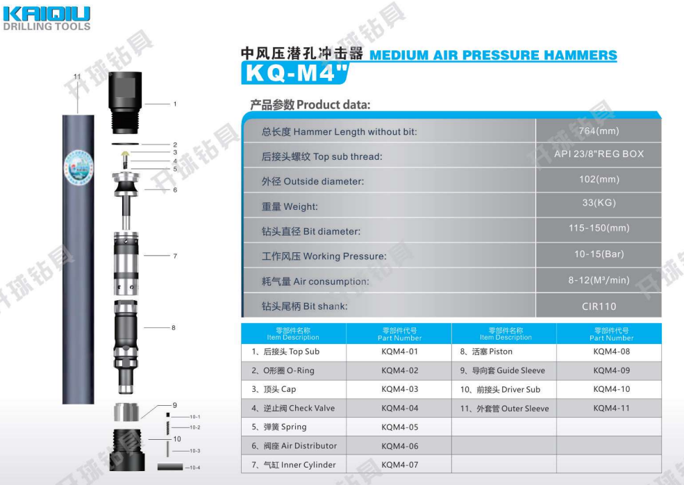 Factory Customized KQM4 Medium Air Pressure DTH Hammer for Mining Work details