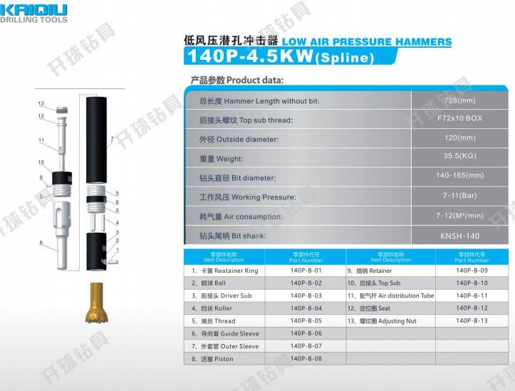 Russia 140P -4.0KW/KNSH140  bayonet/spline DTH Hammer for Mining Water Well Drilling Quarry Mineral Blast Hole Drilling details