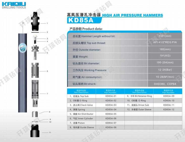 DHD380/85A/COP84  high Air Pressure DTH Hammer Drilling Tool Ore Mining Water Well Drilling Quarry Mineral Blast Drilling manufacture