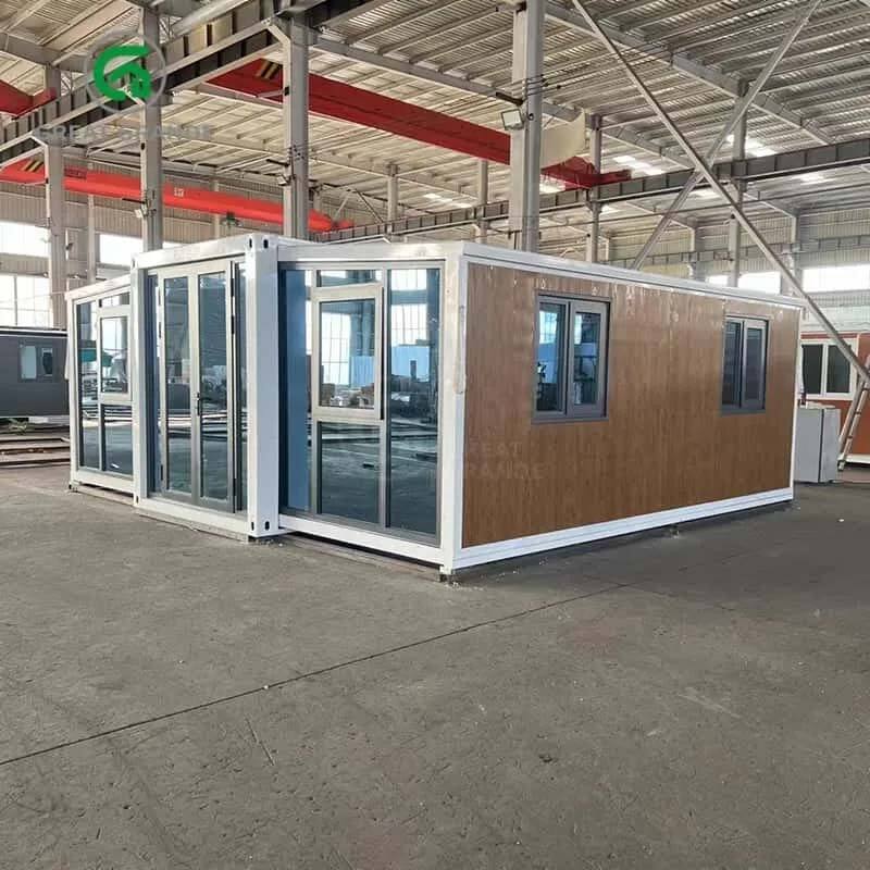 Nhà Container Mở rộng 20FT Tường Mặt Tiền Kính Vân Gỗ Nhà sản xuất