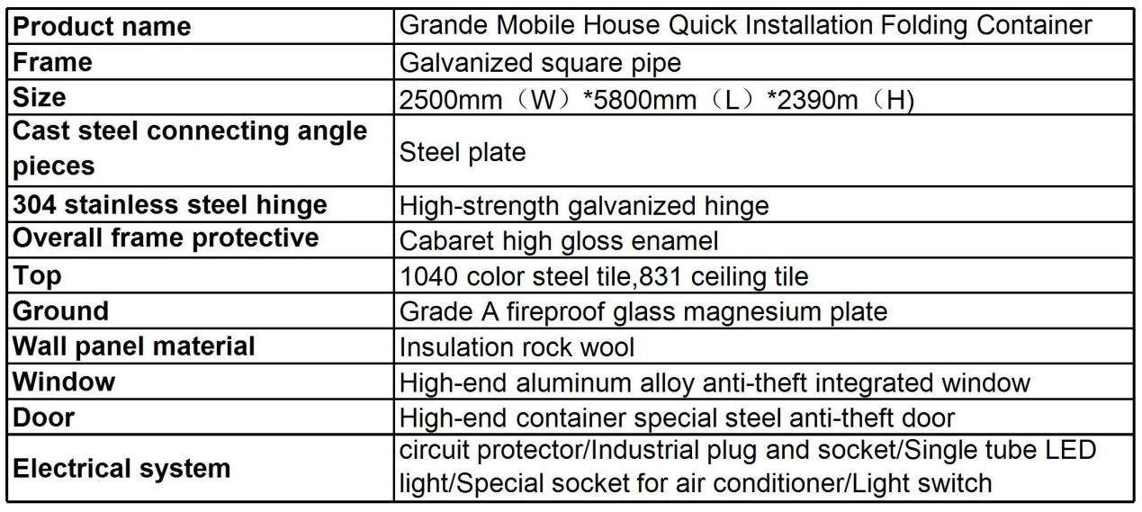 Folding Container house parameter