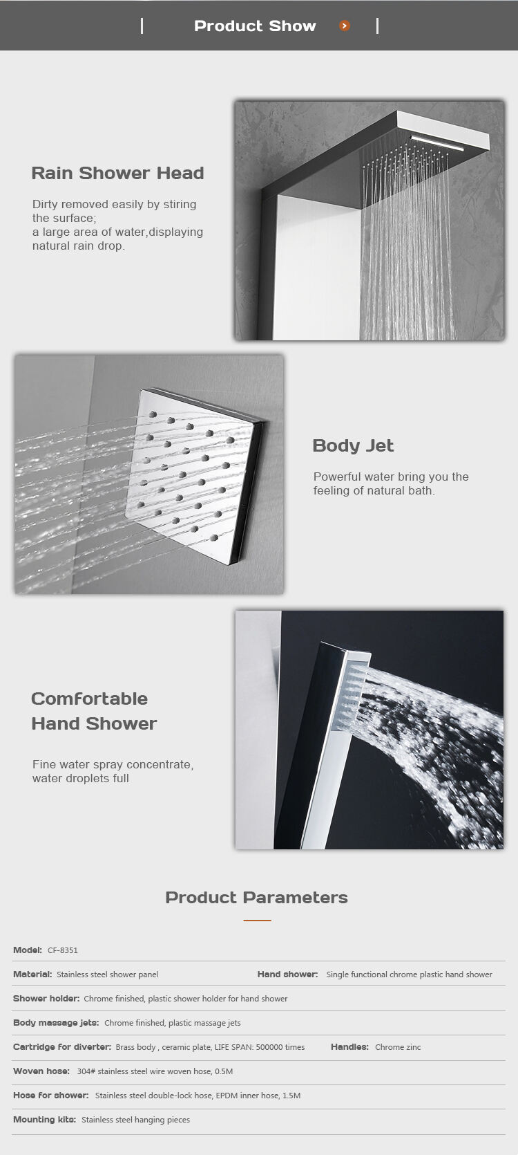 Hot sell bathroom wall mounted  massage jets stainless steel shower panel CF-8351 details