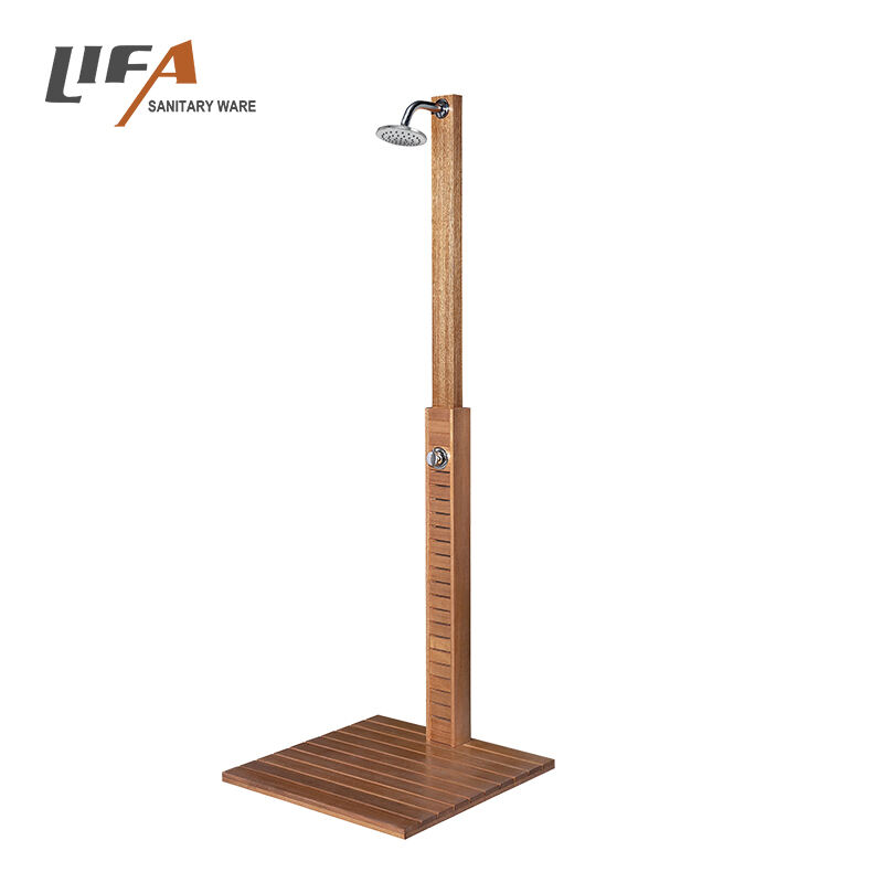 Excelente diseño de ducha de playa al aire libre, plato de ducha de madera, panel de ducha exterior para piscina CF-5003