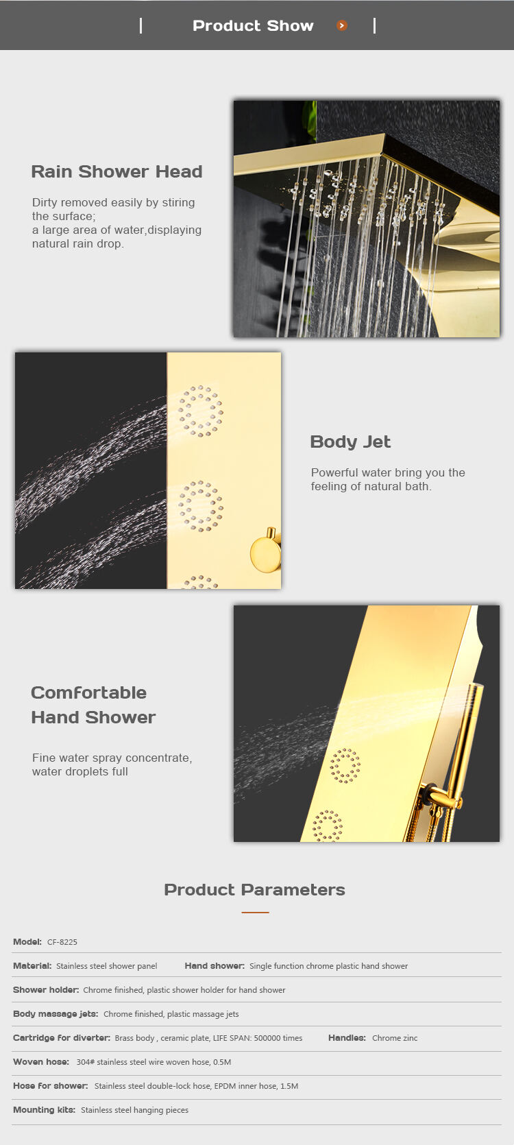 Popular design New bath shower high quality golden Stainless Steel shower panel CF-8225 manufacture
