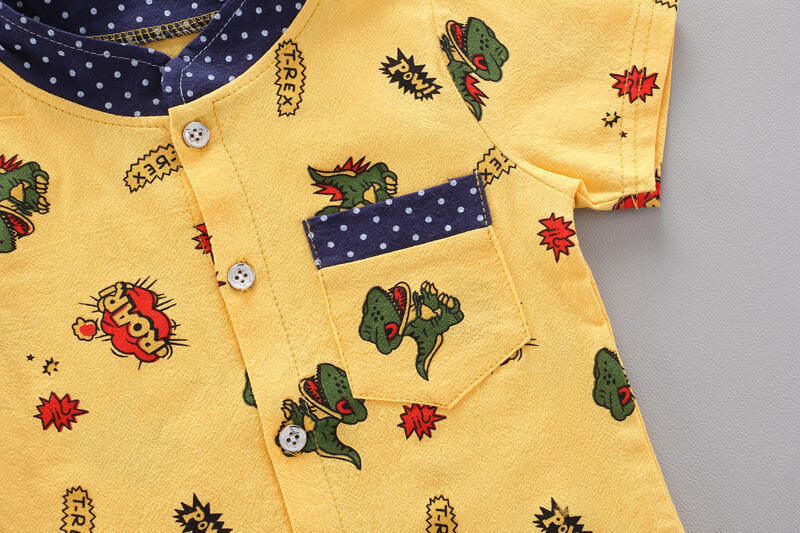 Green Horizon Summer new boys' short-sleeved suit children's cartoon dinosaur shirt two-piece set kids boy clothes details