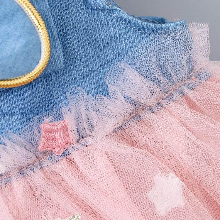 New Fashion Toddler Baby Girl Clothes Sleeveless Bow Star Denim Patchwork Mesh Sweet Girls Princess pink white Dress Summer supplier