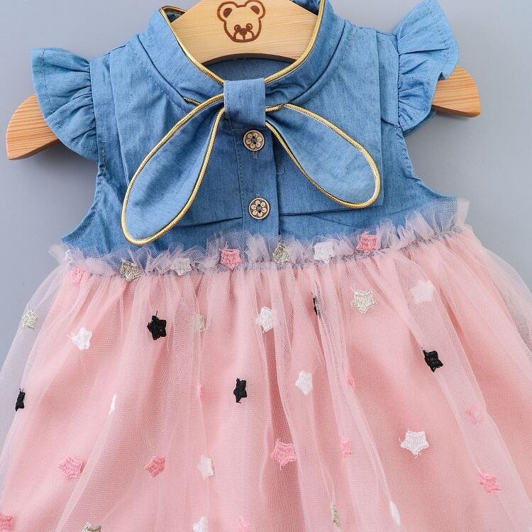 New Fashion Toddler Baby Girl Clothes Sleeveless Bow Star Denim Patchwork Mesh Sweet Girls Princess pink white Dress Summer factory