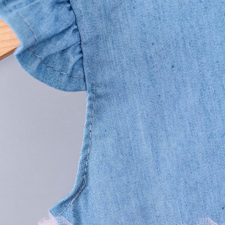 New Fashion Toddler Baby Girl Clothes Sleeveless Bow Star Denim Patchwork Mesh Sweet Girls Princess pink white Dress Summer details