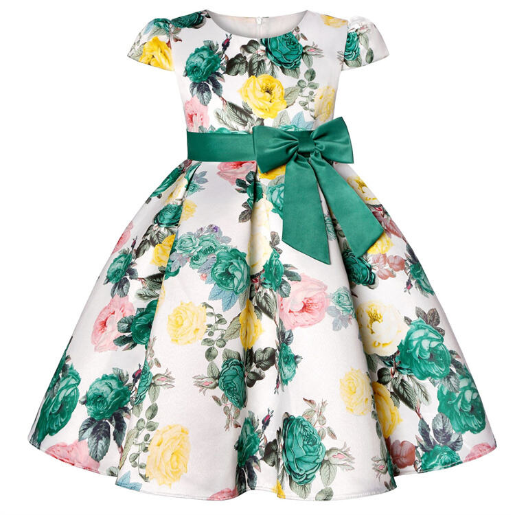 Green Horizon Toddler Party Princess Flower Wedding Formal Bridesmaid Holiday Girls Birthday Floral Bow Dress for Kids