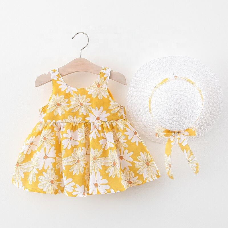 Summer Baby Toddler Clothes Sleeveless Floral Cotton Little Girl Casual Baby Kids Flower Dress Set With Hat factory