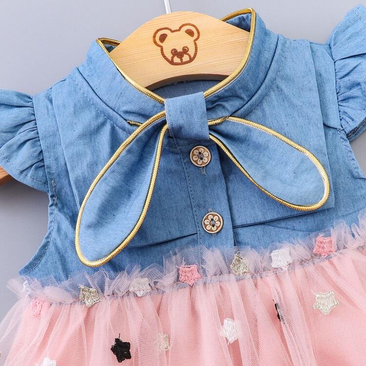 New Fashion Toddler Baby Girl Clothes Sleeveless Bow Star Denim Patchwork Mesh Sweet Girls Princess pink white Dress Summer details