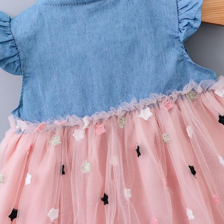 New Fashion Toddler Baby Girl Clothes Sleeveless Bow Star Denim Patchwork Mesh Sweet Girls Princess pink white Dress Summer details