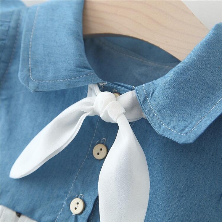 Children's Summer Clothing Girl Party Dresses Denim Bow Tie Stitching Polka Dot Dress With Hat Toddler Baby Girls Mesh Dress manufacture