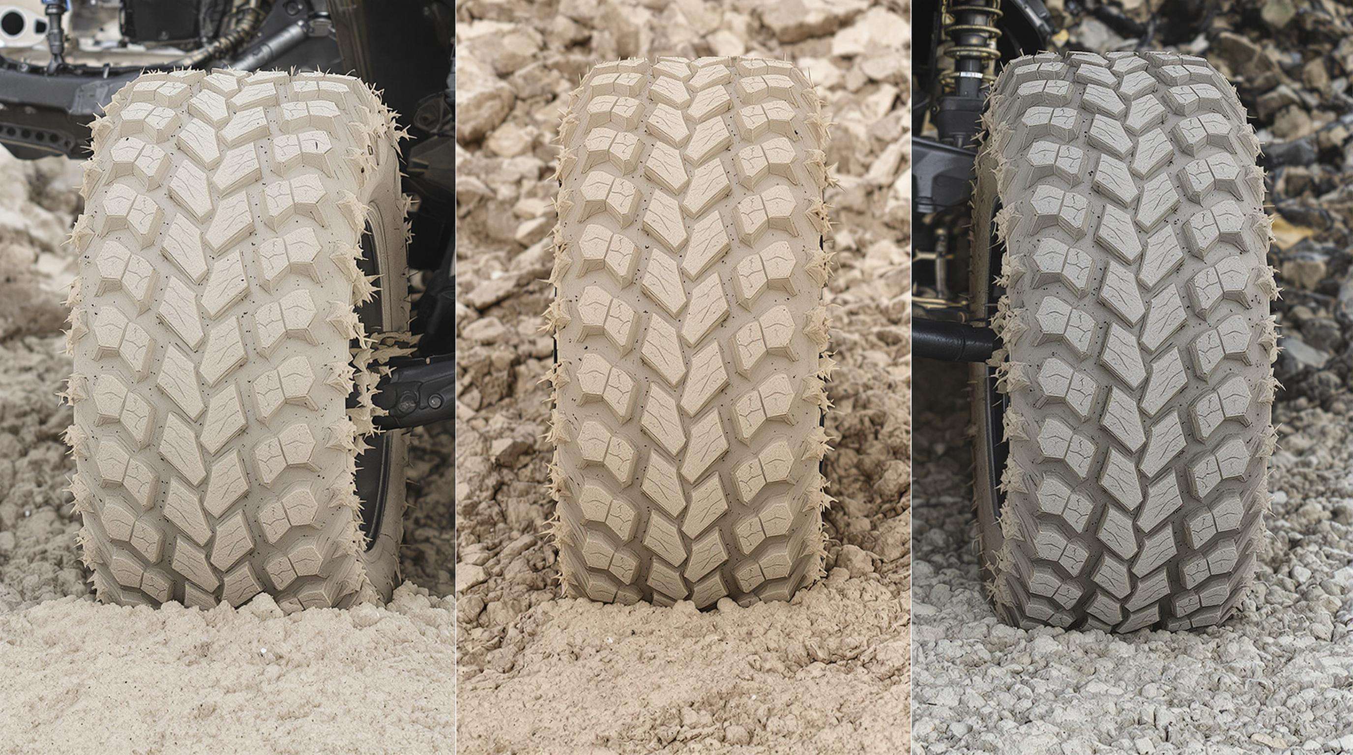 Multiple off-road tires with beadlock rims on sand, mud, and limestone, showing tire shapes over various terrains