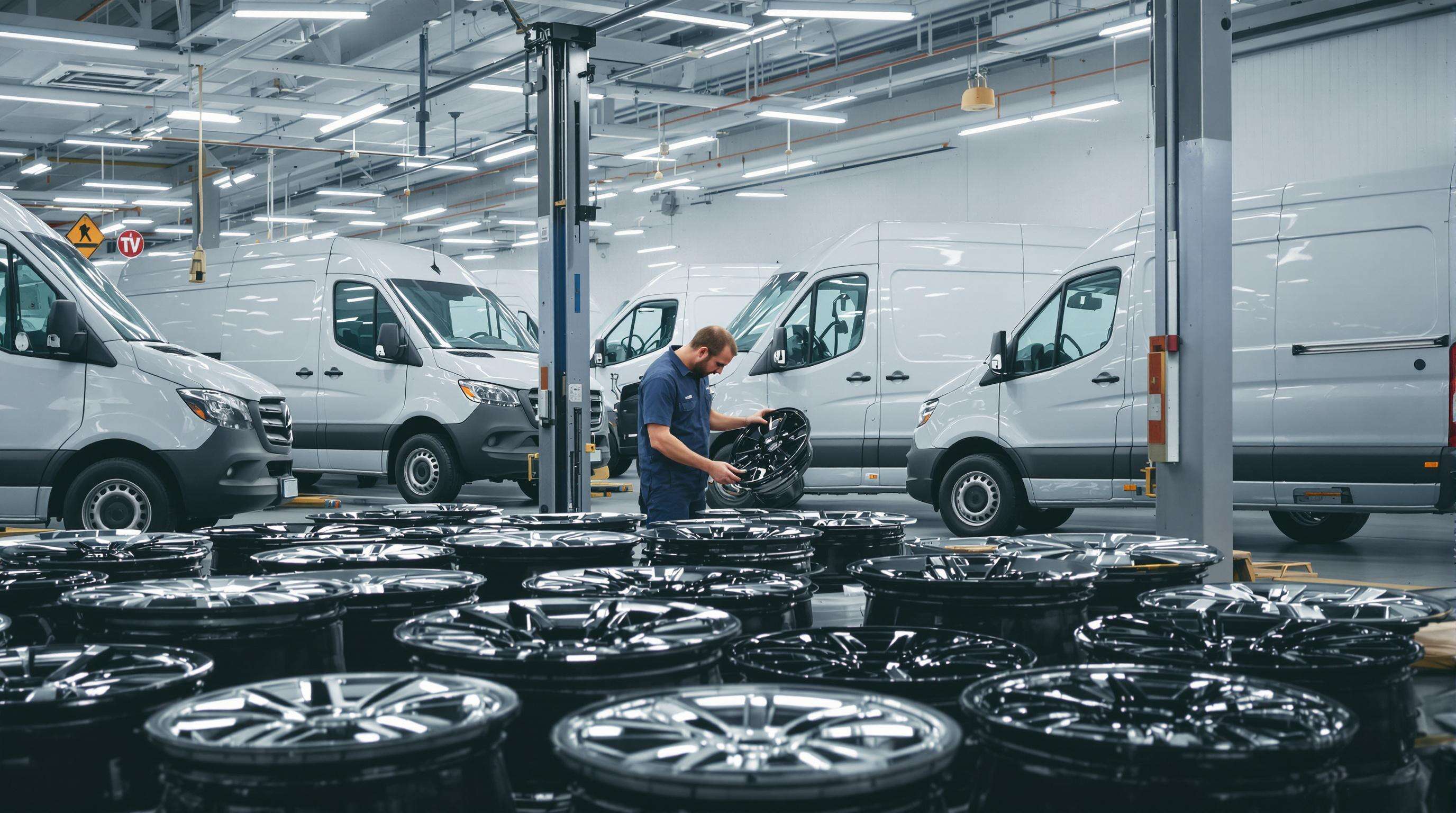 Mechanic evaluating steel and carbon fiber wheels for delivery vans in a fleet garage.