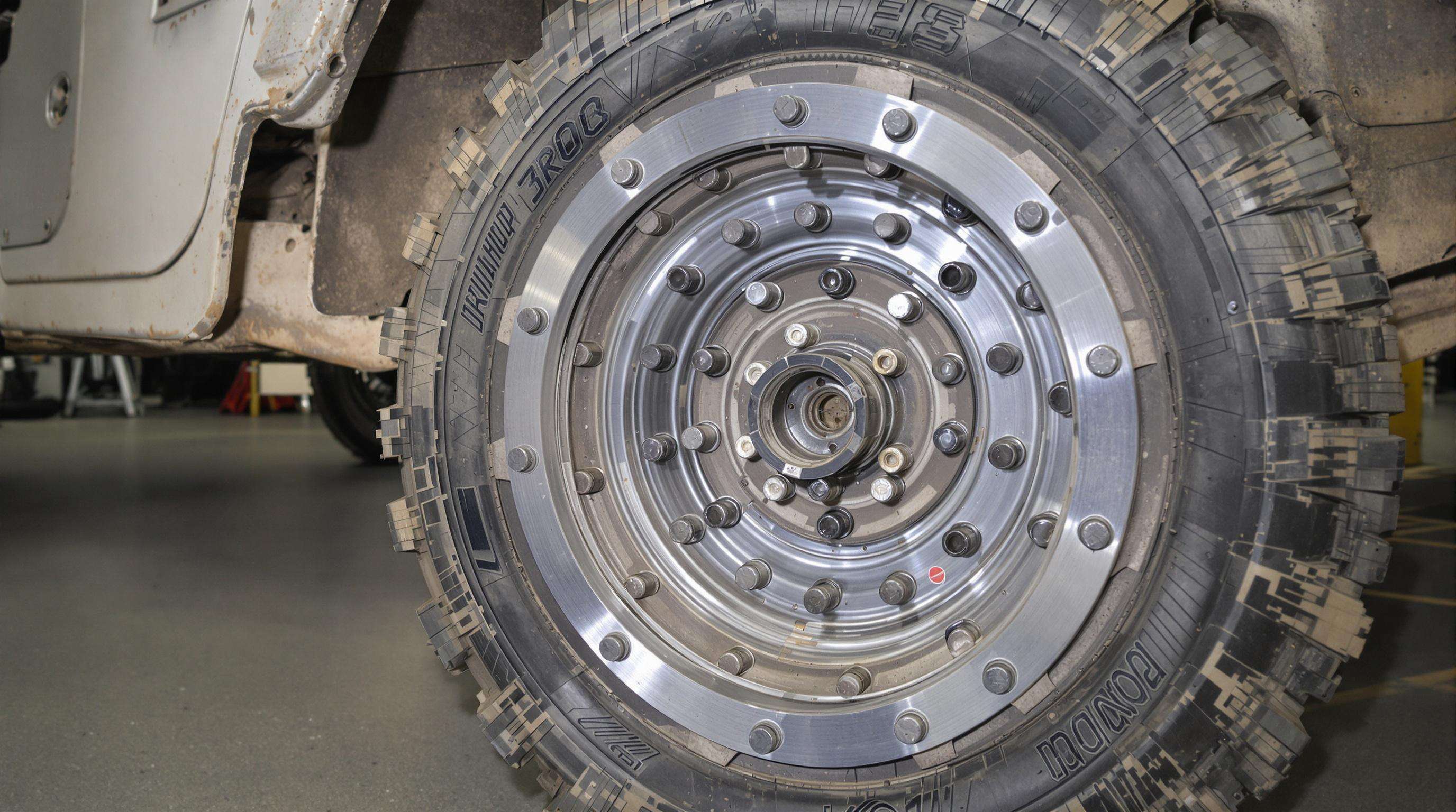 Close-up of an assembled beadlock rim with locking ring and bolts securing the tire bead