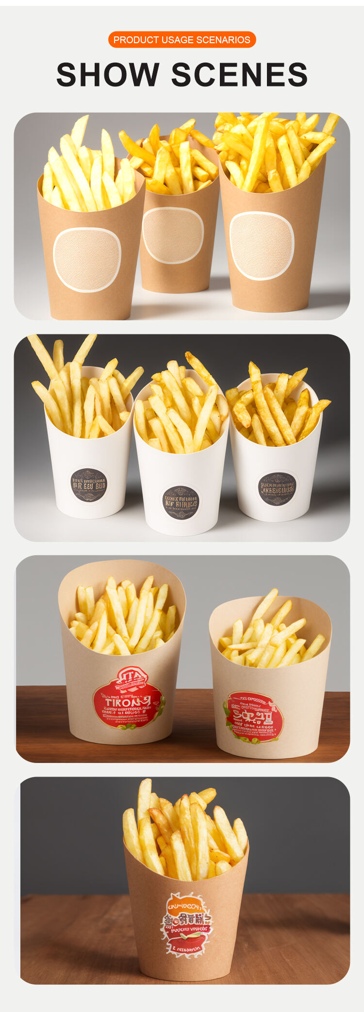 Customized eco friendly disposable snacks chips take away food Slanted Kraft french fries serving Paper cups manufacture